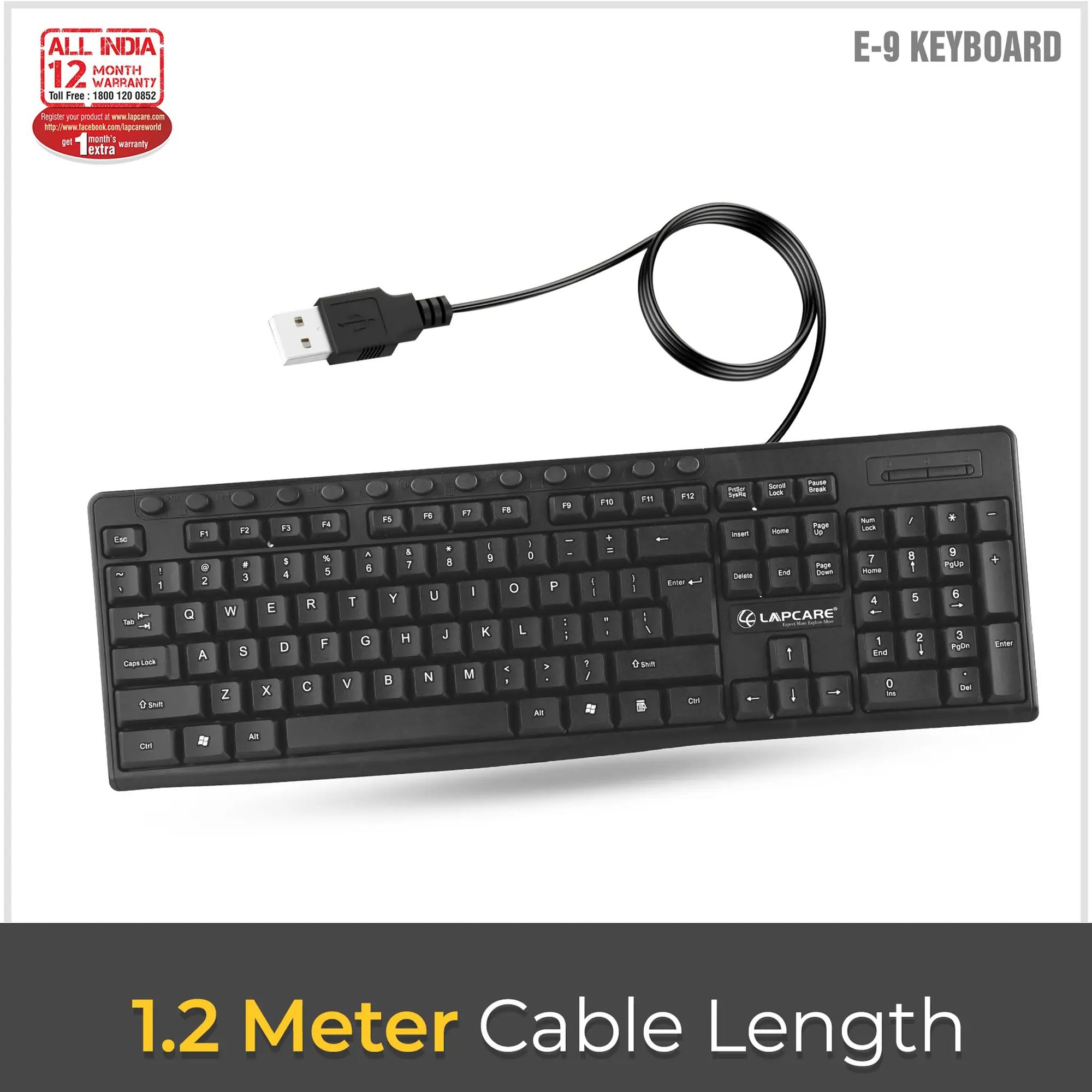LAPCARE E9 Wired Keyboard with Number Pad (Spill Resistant, Black)_10