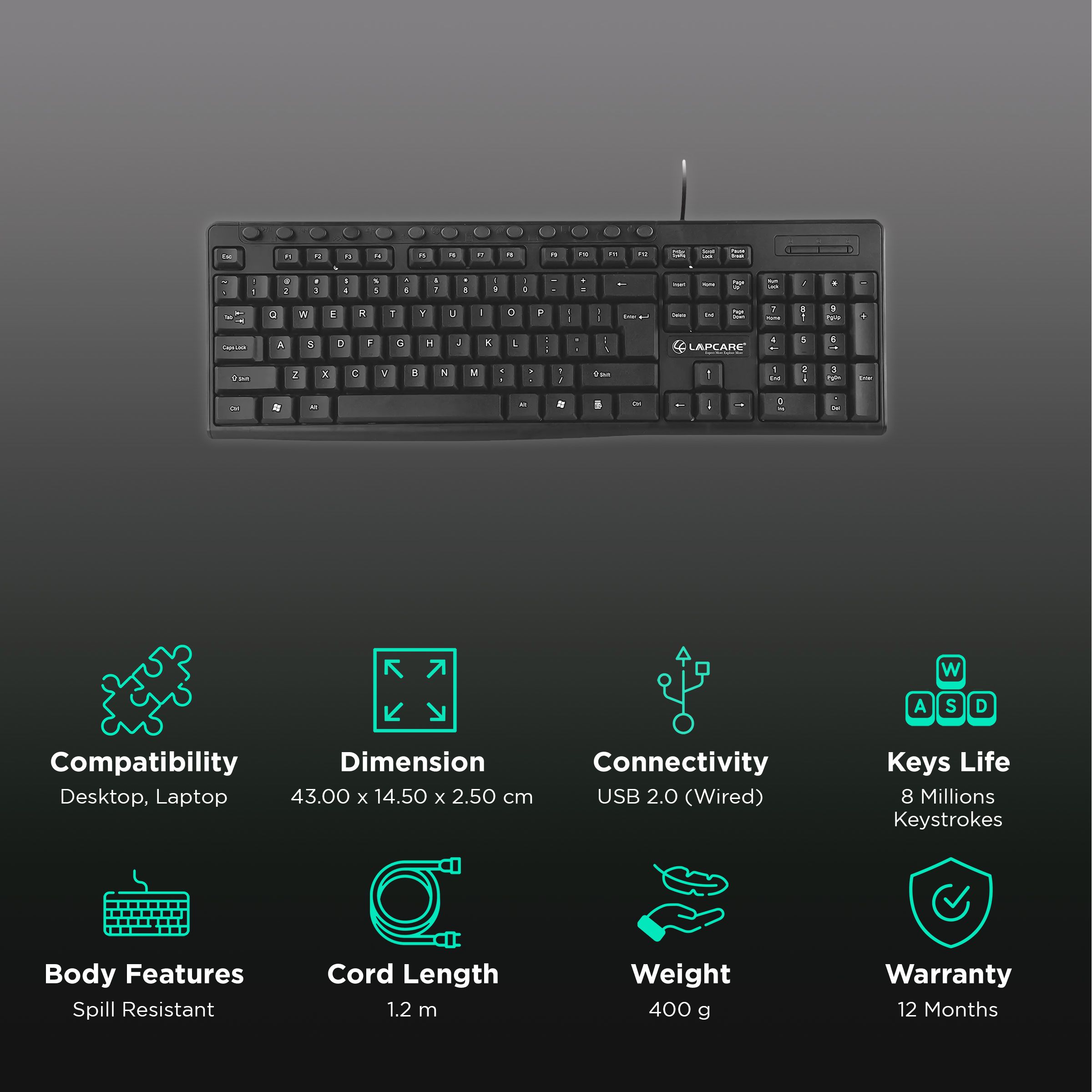 LAPCARE E9 Wired Keyboard with Number Pad (Spill Resistant, Black)_2