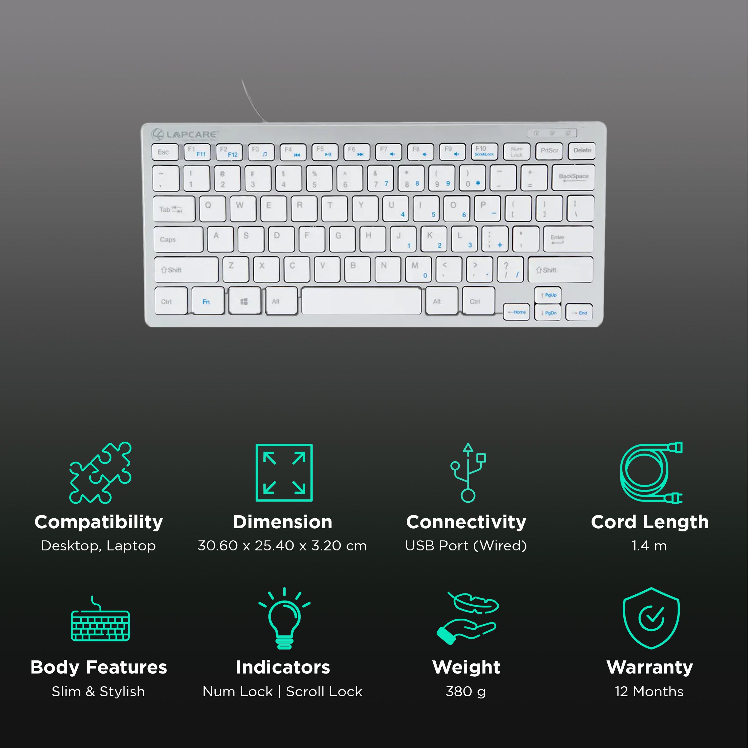 LAPCARE D-Lite Mini Wired Keyboard with Dedicated Multimedia Keys (Spill Resistant, Silver) LAPCARE D-Lite Mini Wired Keyboard with Dedicated Multimedia Keys (Spill Resistant, Silver)_2