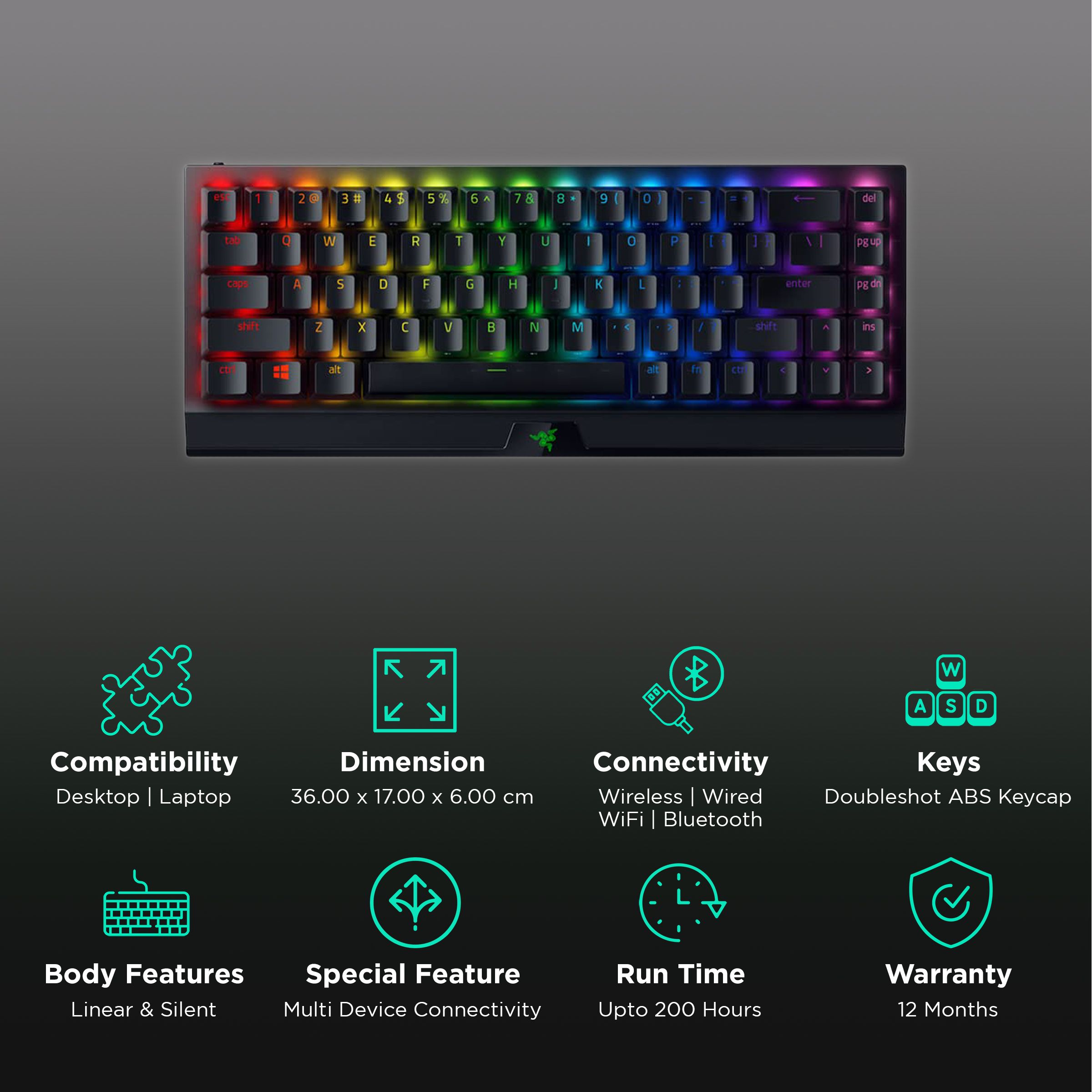 RAZER BlackWidow V3 Mini HyperSpeed Phantom Edition Bluetooth & 2.4GHz Wireless Gaming Keyboard with Multi Device Connectivity (N-Key Rollover, Black) RAZER BlackWidow V3 Mini HyperSpeed Phantom Edition Bluetooth & 2.4GHz Wireless Gaming Keyboard with Multi Device Connectivity (N-Key Rollover, Black)_2
