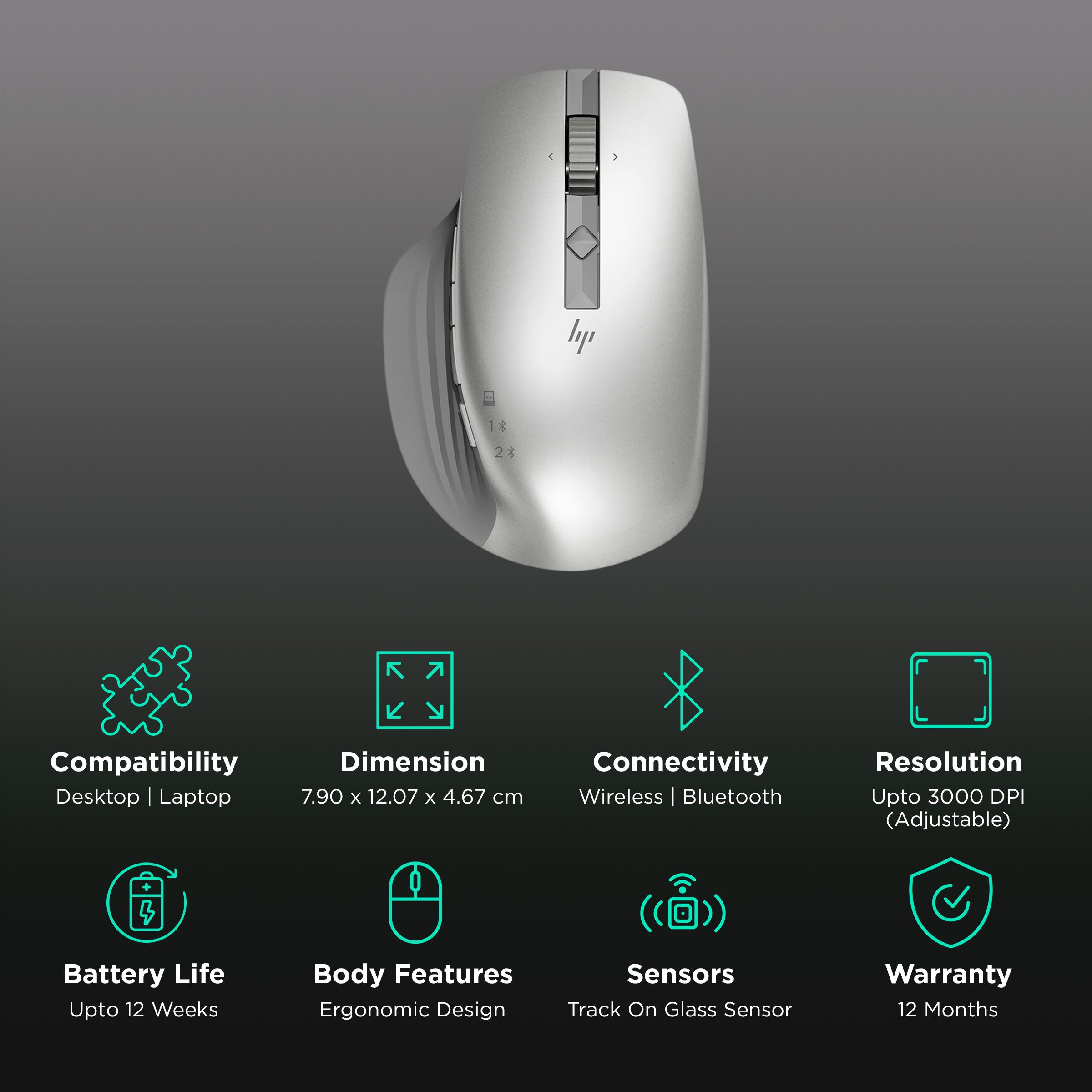 HP 930 Creator Wireless Optical Mouse with Customizable Buttons (3000 DPI Adjustable, Ergonomic Design, Silver) HP 930 Creator Wireless Optical Mouse with Customizable Buttons (3000 DPI Adjustable, Ergonomic Design, Silver)_2