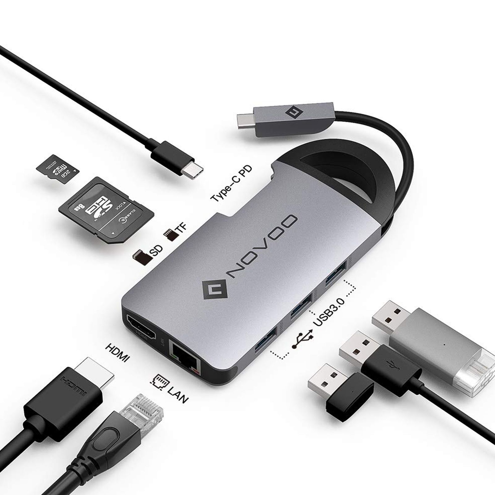 NOVOO 8-in-1 USB 3.0 Type C to USB 3.0 Type A, HDMI, LAN Port, USB Type C, SD Card Slot, TF Card Multi-Port Hub (Safe Certified, Space Grey) NOVOO 8-in-1 USB 3.0 Type C to USB 3.0 Type A, HDMI, LAN Port, USB Type C, SD Card Slot, TF Card Multi-Port Hub (Safe Certified, Space Grey)_9