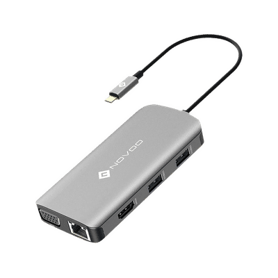 NOVOO 9-in-1 USB 3.1 Type C to USB 3.0 Type A, USB 3.0 Type C, HDMI, VGA Port, LAN Port, SD Card Slot, TF Card USB Hub (Pass-Through Charging, Dark Grey)