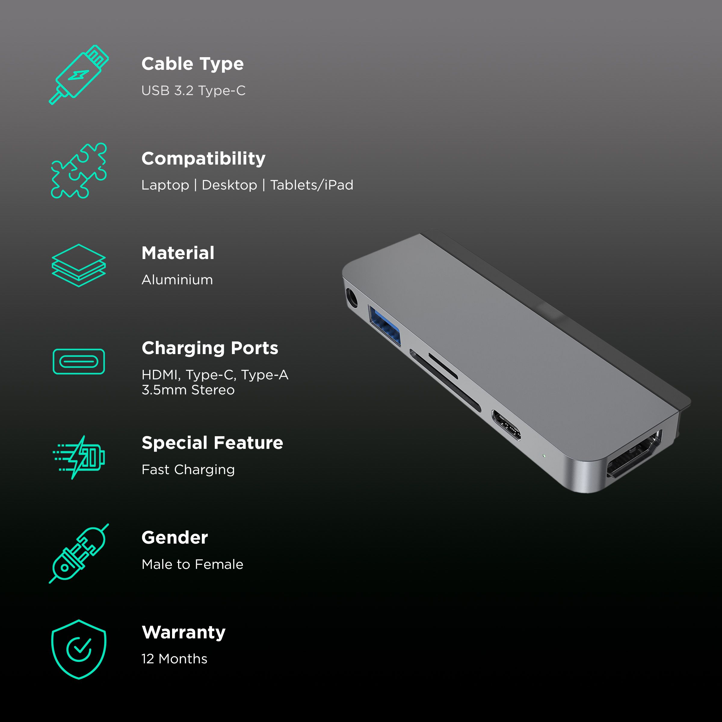 HYPERDRIVE 6-in-1 USB 3.2 Type C to USB 3.0 Type C, USB 3.1 Type A, HDMI Type A, SD Card Slot, MicroSD Card Slot, 3.5mm Stereo USB Hub (Pass-Through Charging, Space Grey) HYPERDRIVE 6-in-1 USB 3.2 Type C to USB 3.0 Type C, USB 3.1 Type A, HDMI Type A, SD Card Slot, MicroSD Card Slot, 3.5mm Stereo USB Hub (Pass-Through Charging, Space Grey)_2
