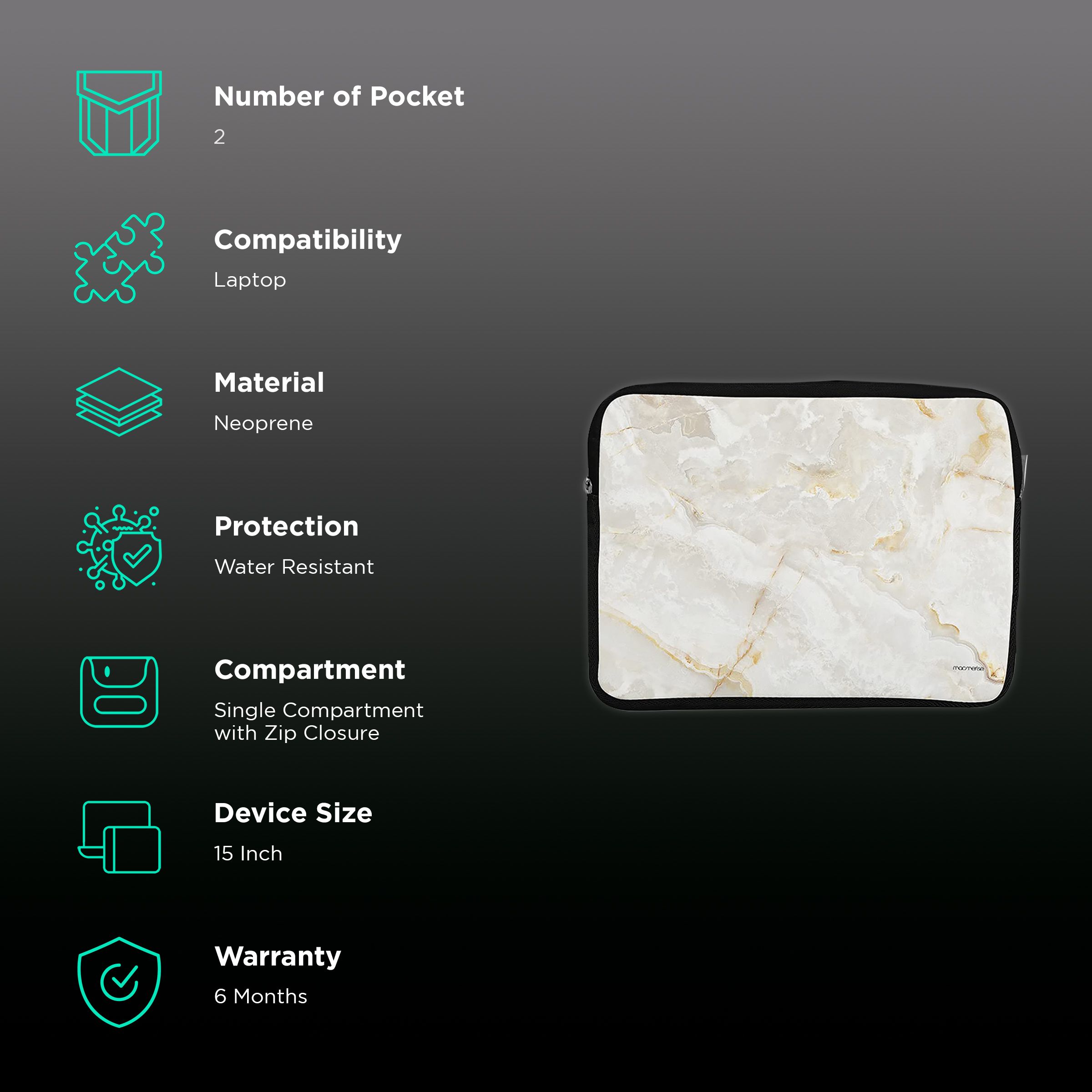 macmerise Marble Neoprene Laptop Sleeve for 15 Inch Laptop (Water Resistant, Creama Marfil)_2