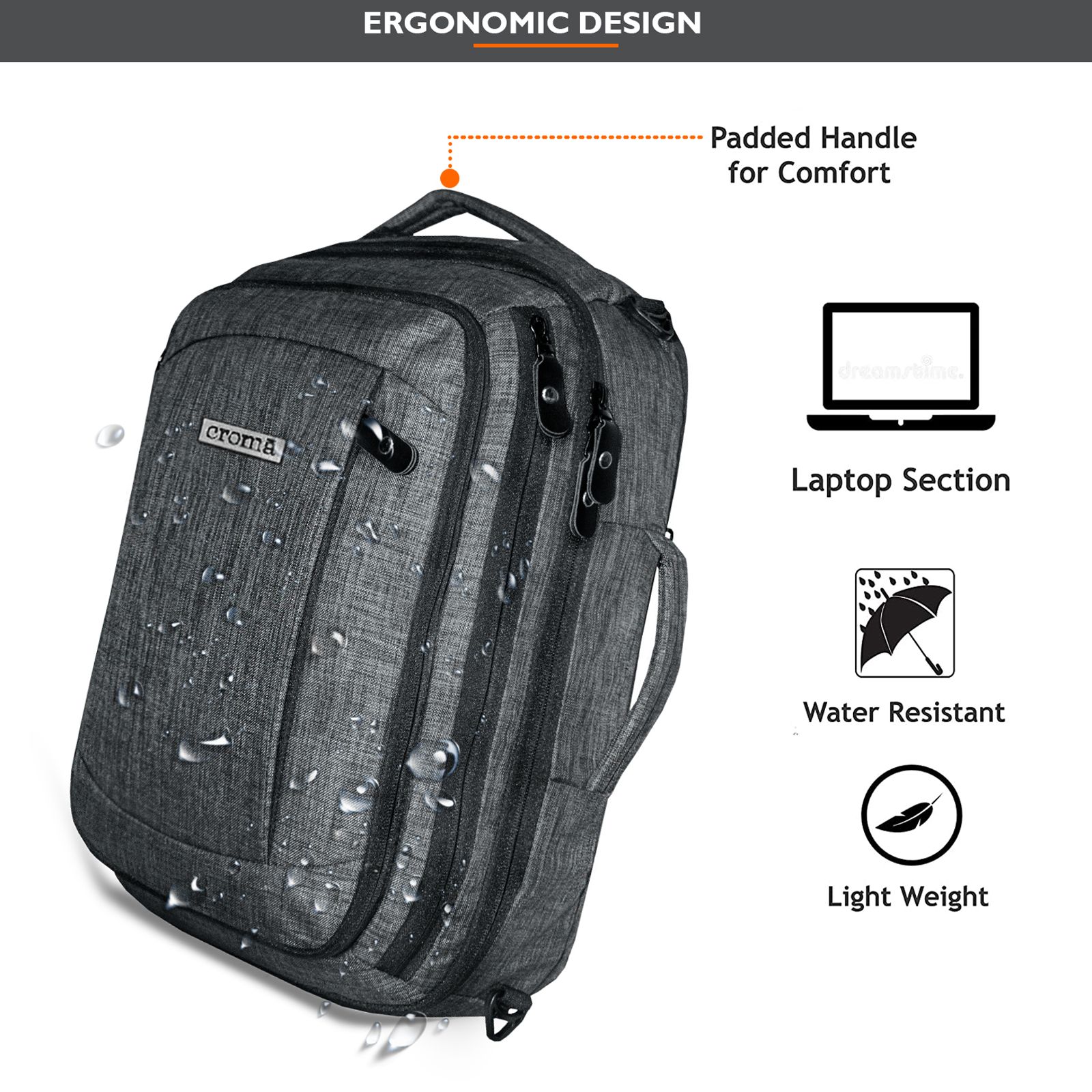 Croma Vintage Polyester Laptop Backpack for 15.6 Inch Laptop (30 L, 2-in-1 Briefcase, Black/Grey)_7