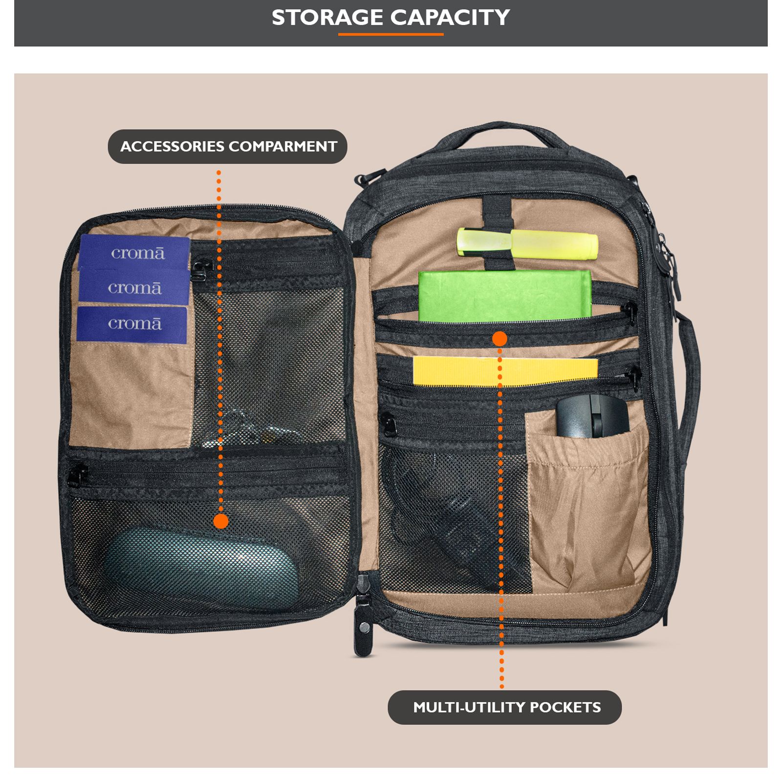 Croma Vintage Polyester Laptop Backpack for 15.6 Inch Laptop (30 L, 2-in-1 Briefcase, Black/Grey)_8