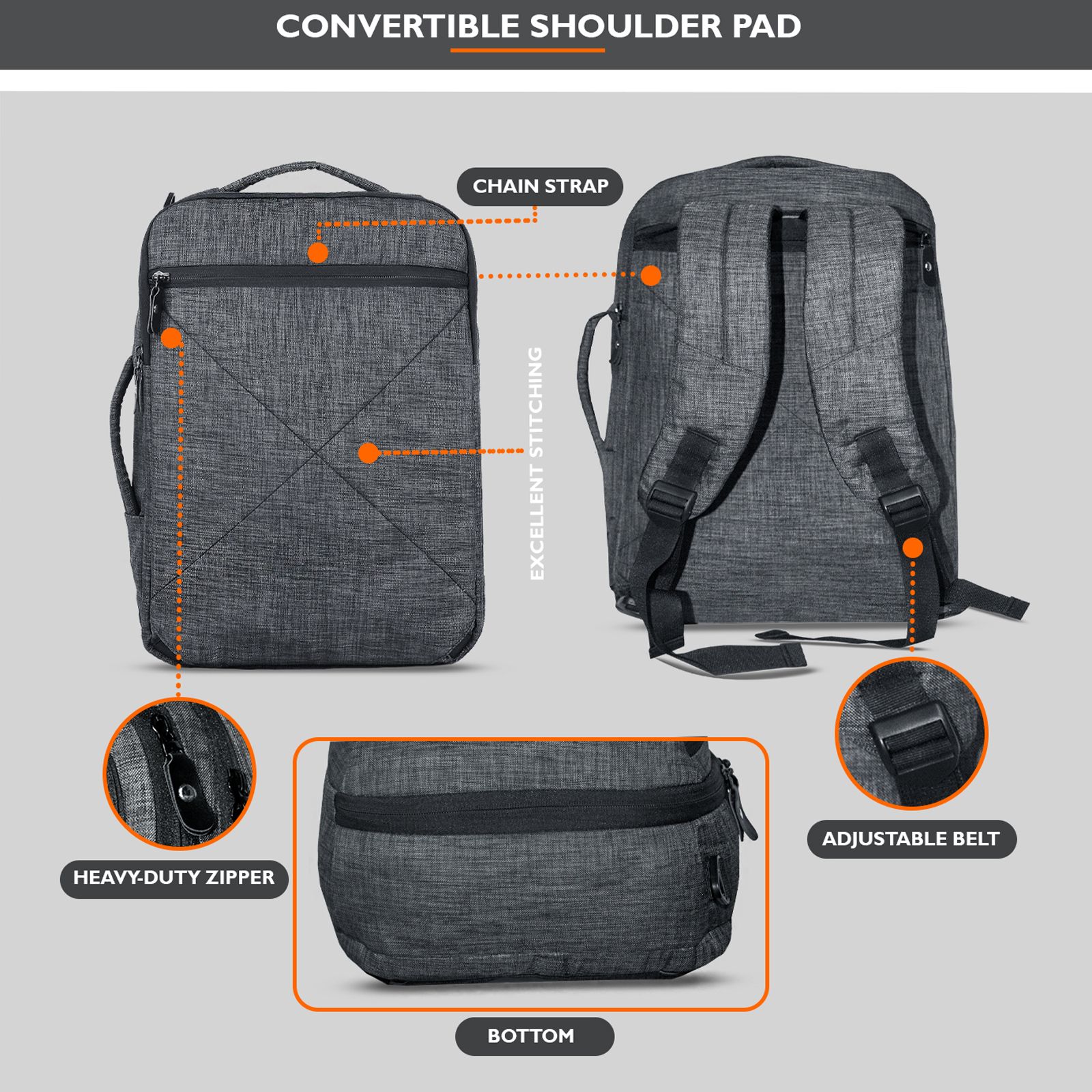 Croma Vintage Polyester Laptop Backpack for 15.6 Inch Laptop (30 L, 2-in-1 Briefcase, Black/Grey)_9