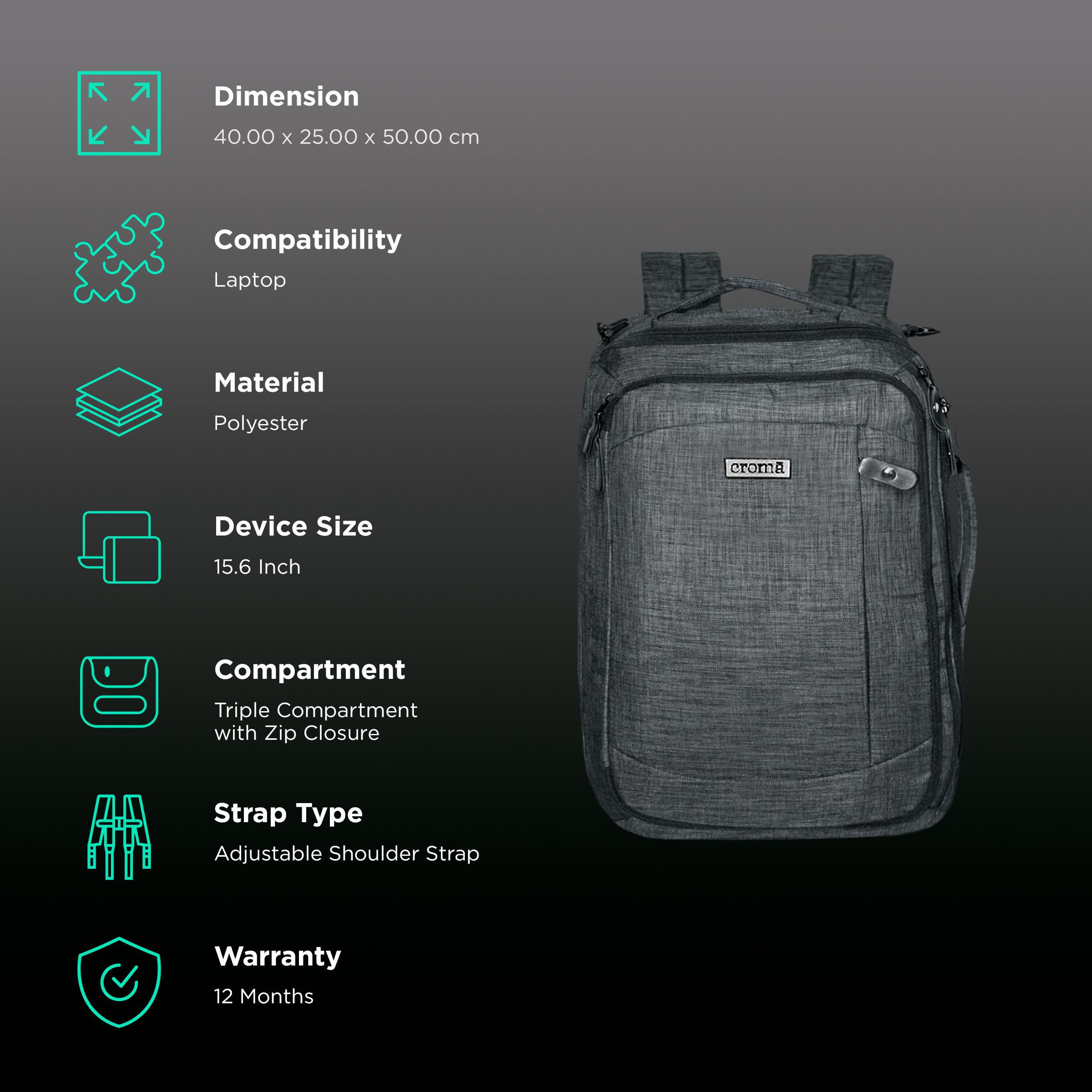 Croma Vintage Polyester Laptop Backpack for 15.6 Inch Laptop (30 L, 2-in-1 Briefcase, Black/Grey)_2