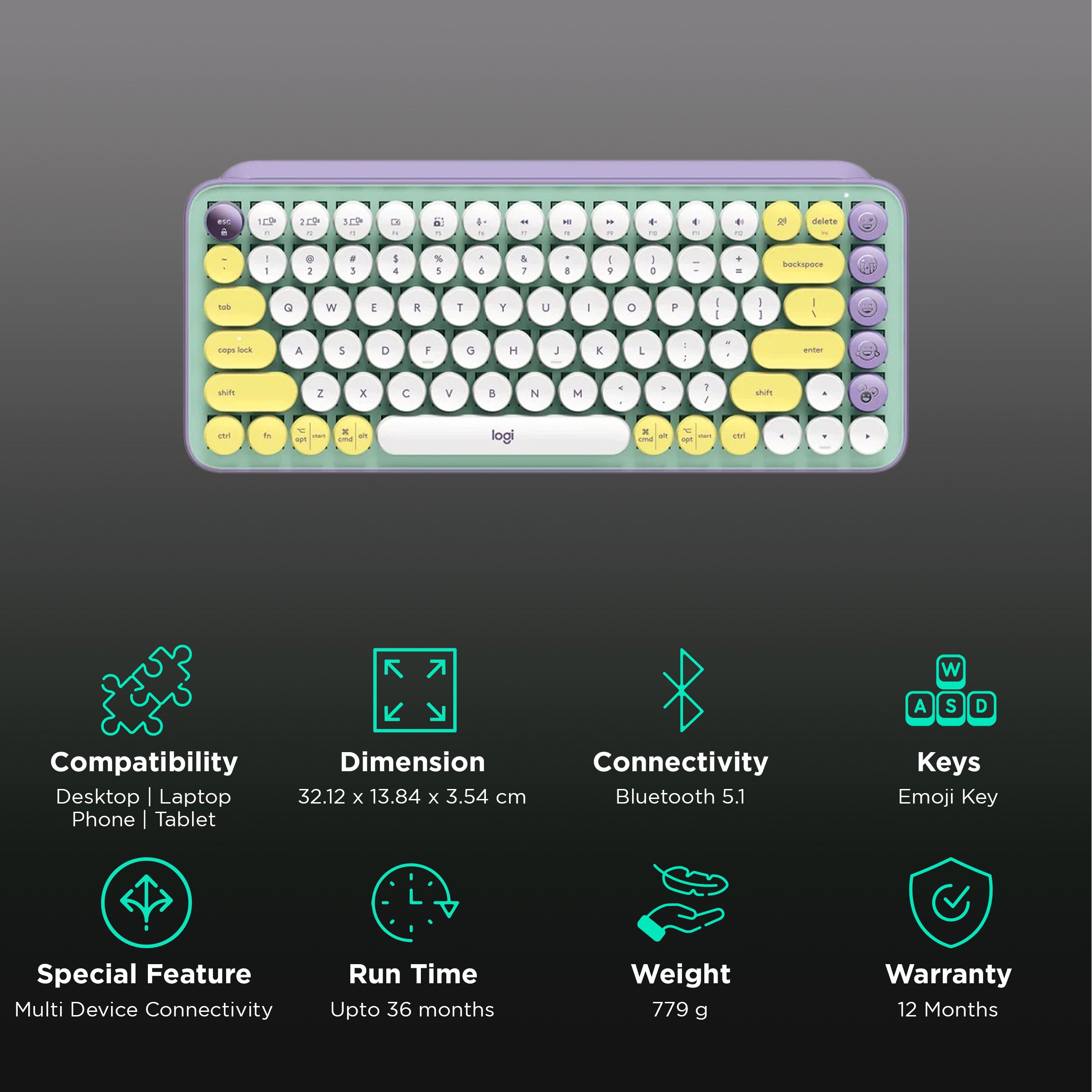 logitech POP Keys Bluetooth 5.1 Wireless Keyboard with Multi Device Connectivity (50 Million Keystrokes, Daydream)_2