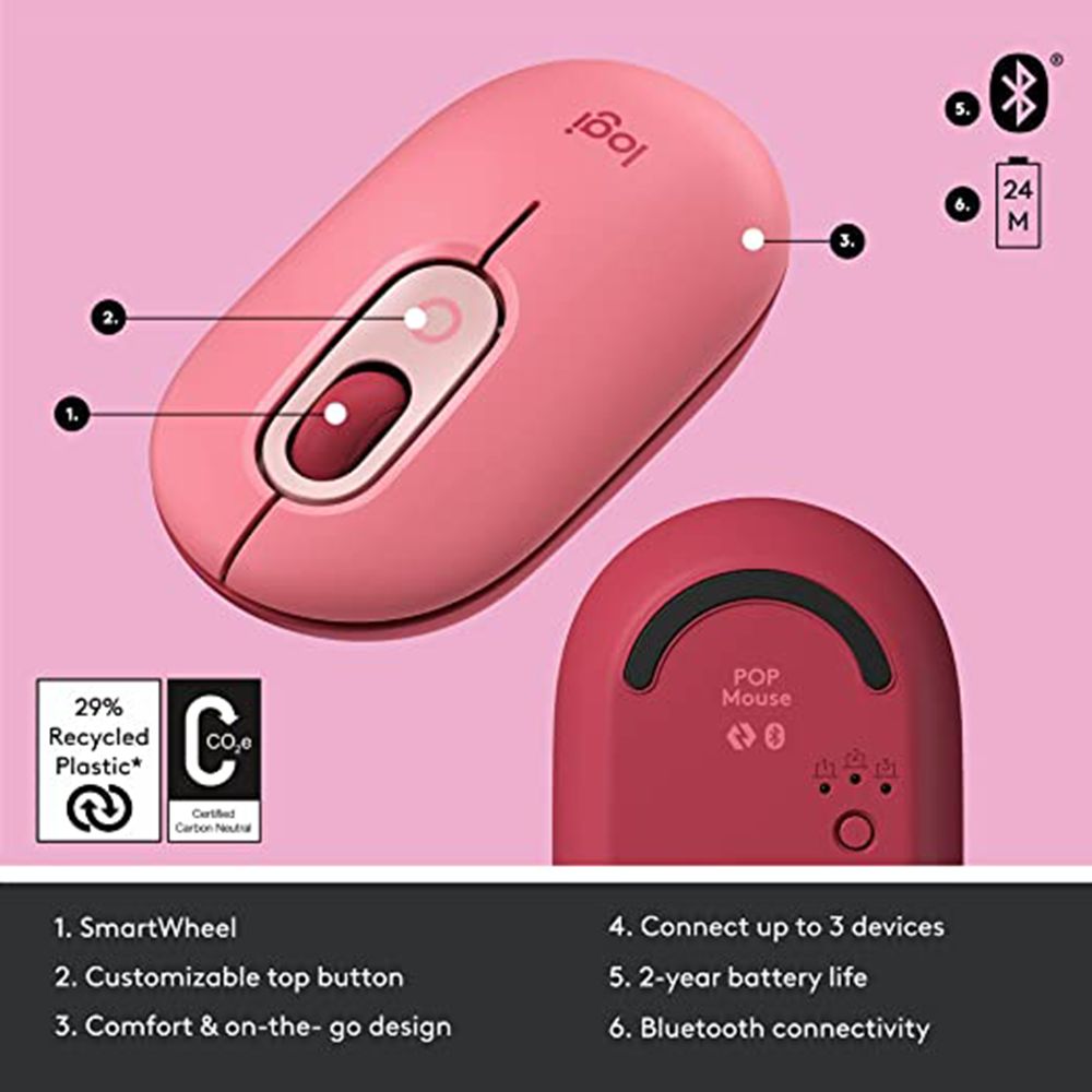 logitech POP Wireless Optical Performance Mouse with Silent Click Buttons (4000 DPI Adjustable, Multi Device Connectivity, Heartbreaker)_13