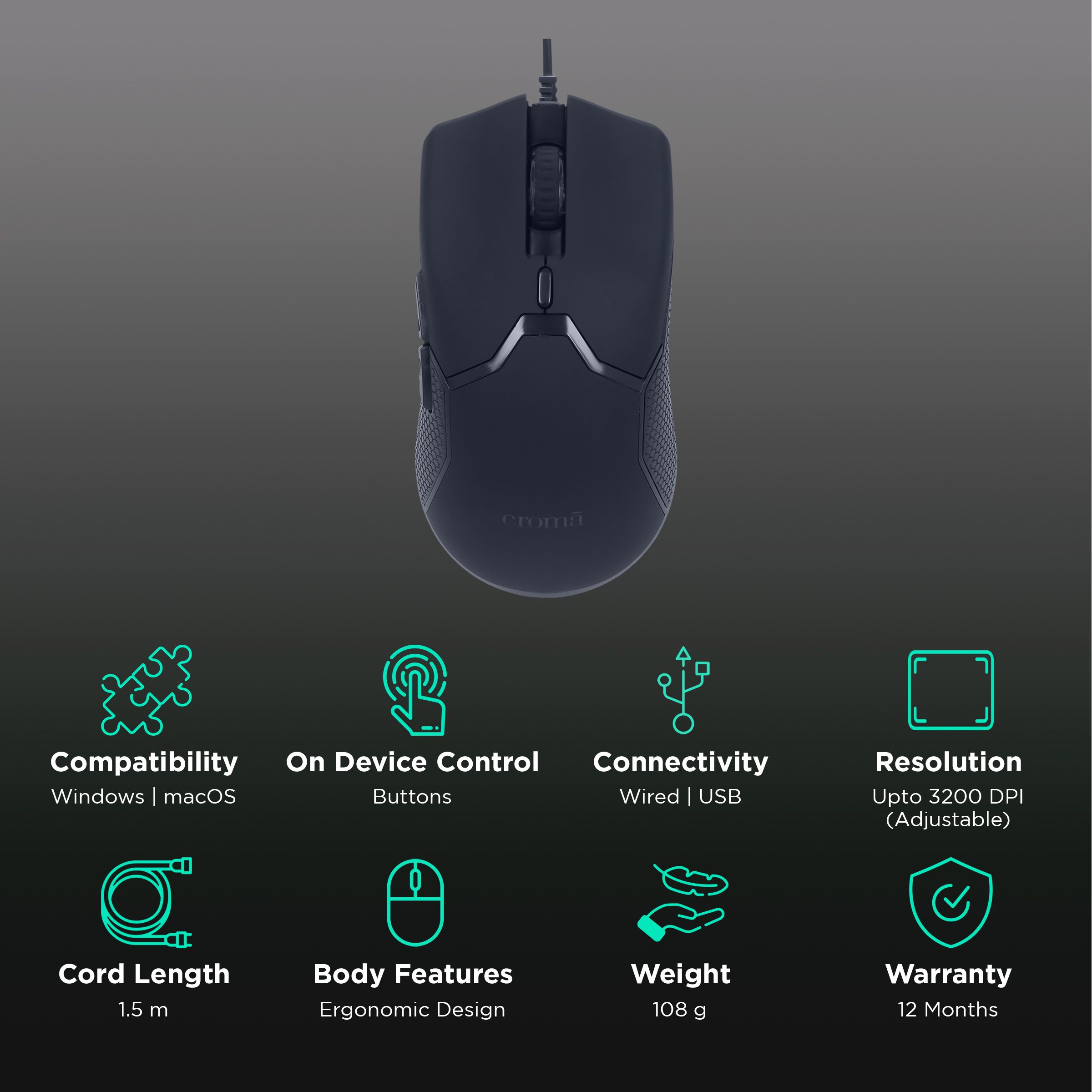 Croma Wired Optical Gaming Mouse (3200 DPI Adjustable, Ergonomic Design, Black) Croma Wired Optical Gaming Mouse (3200 DPI Adjustable, Ergonomic Design, Black)_2