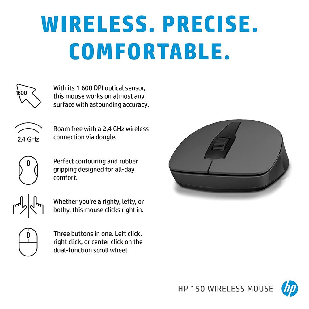 HP 150 Wireless Optical Mouse (1600 DPI, Ergonomic Design, Black)_8