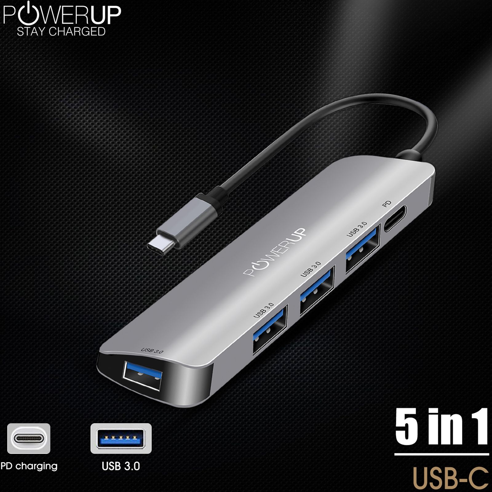 POWERUP Elite Micro 5-in-1 USB 3.0 Type C to USB 3.0 Type A, USB 3.0 Type C USB Hub (High-Speed Pass-Through Charging, Silver)_5