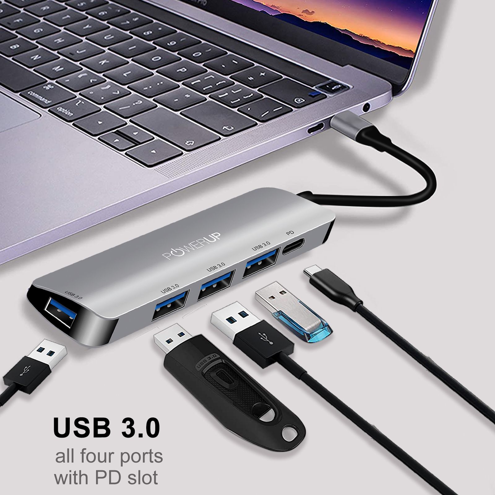 POWERUP Elite Micro 5-in-1 USB 3.0 Type C to USB 3.0 Type A, USB 3.0 Type C USB Hub (High-Speed Pass-Through Charging, Silver)_6