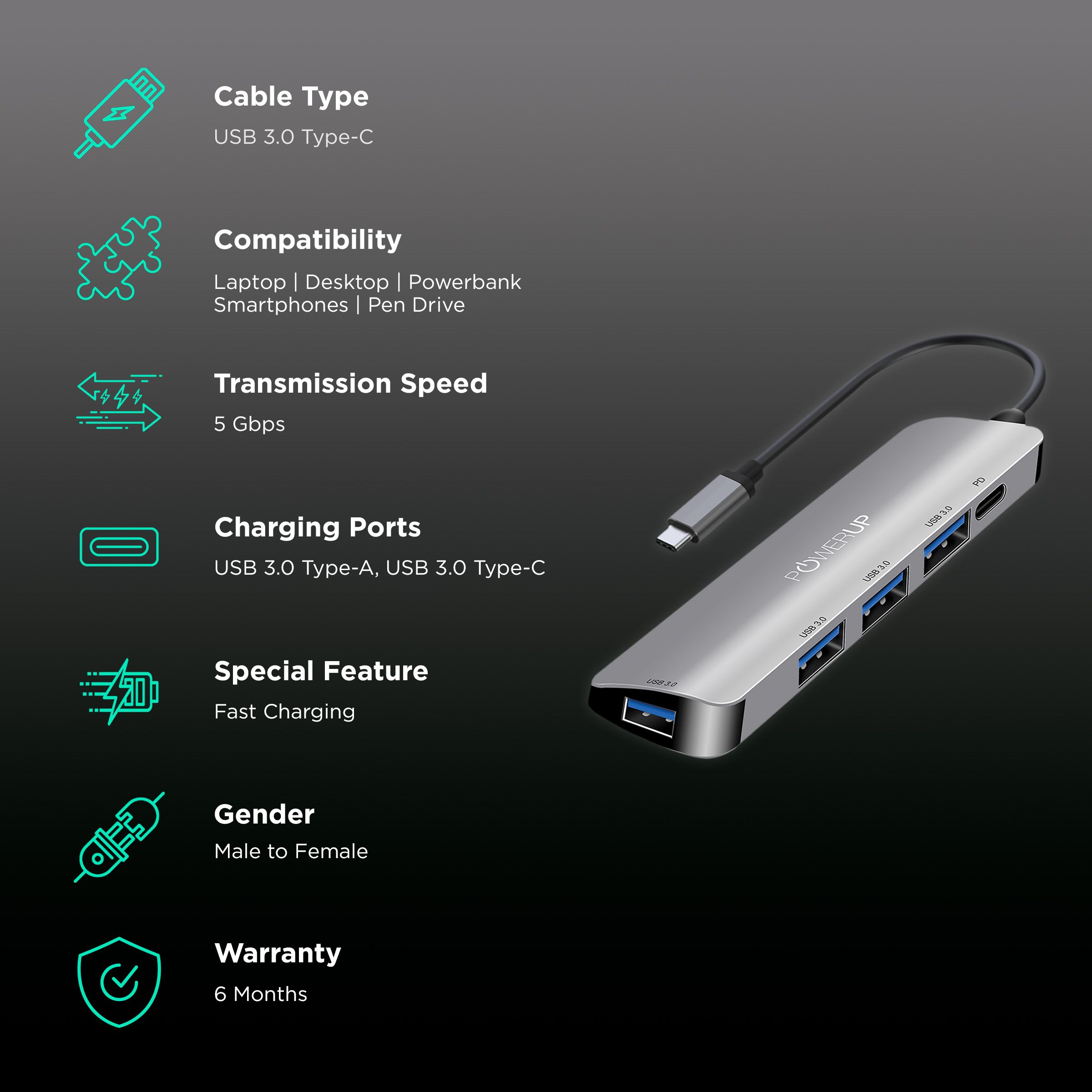 POWERUP Elite Micro 5-in-1 USB 3.0 Type C to USB 3.0 Type A, USB 3.0 Type C USB Hub (High-Speed Pass-Through Charging, Silver)_2