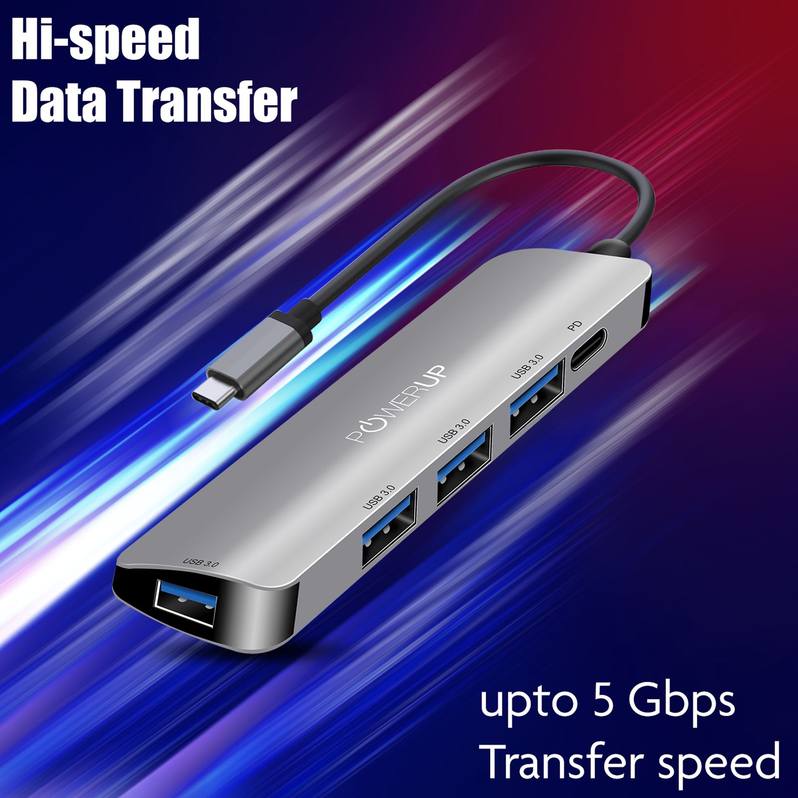 POWERUP Elite Micro 5-in-1 USB 3.0 Type C to USB 3.0 Type A, USB 3.0 Type C USB Hub (High-Speed Pass-Through Charging, Silver)_3