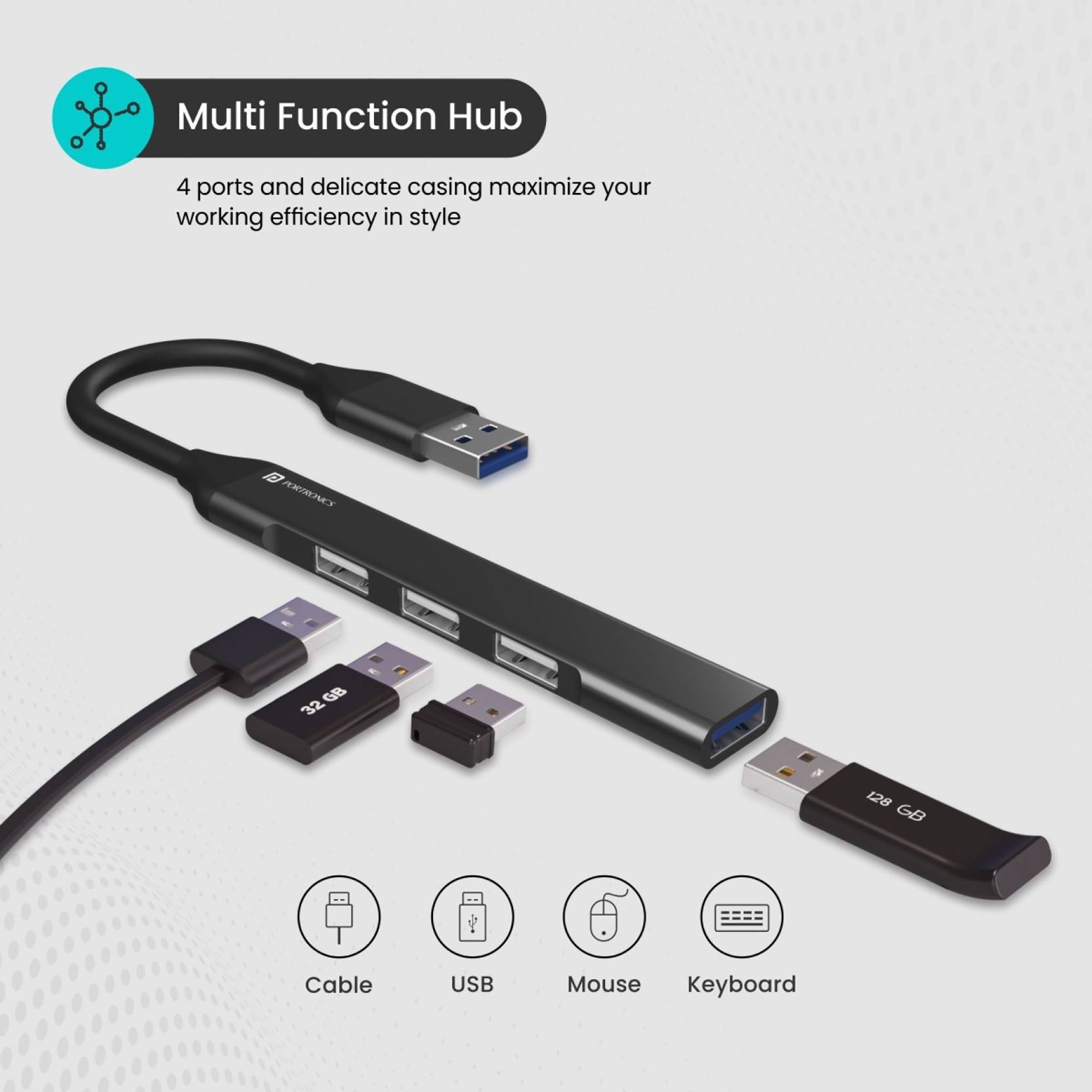 PORTRONICS Mport 31 4-in-1 USB Type A to USB 3.0 Type A, USB 2.0 Type A USB Hub (Up to 5 Gbps Data Transfer, Grey)_5