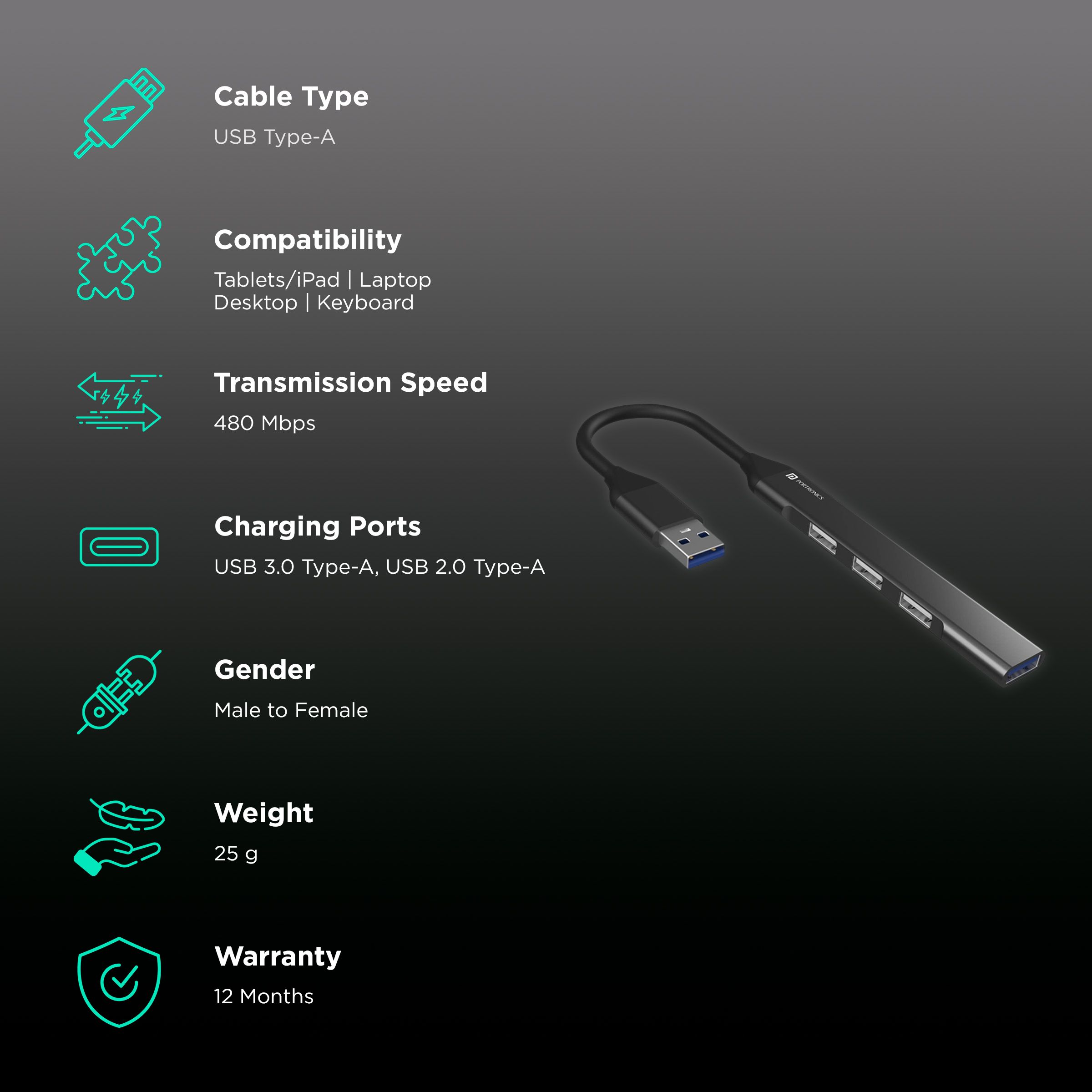 PORTRONICS Mport 31 4-in-1 USB Type A to USB 3.0 Type A, USB 2.0 Type A USB Hub (Up to 5 Gbps Data Transfer, Grey)_2