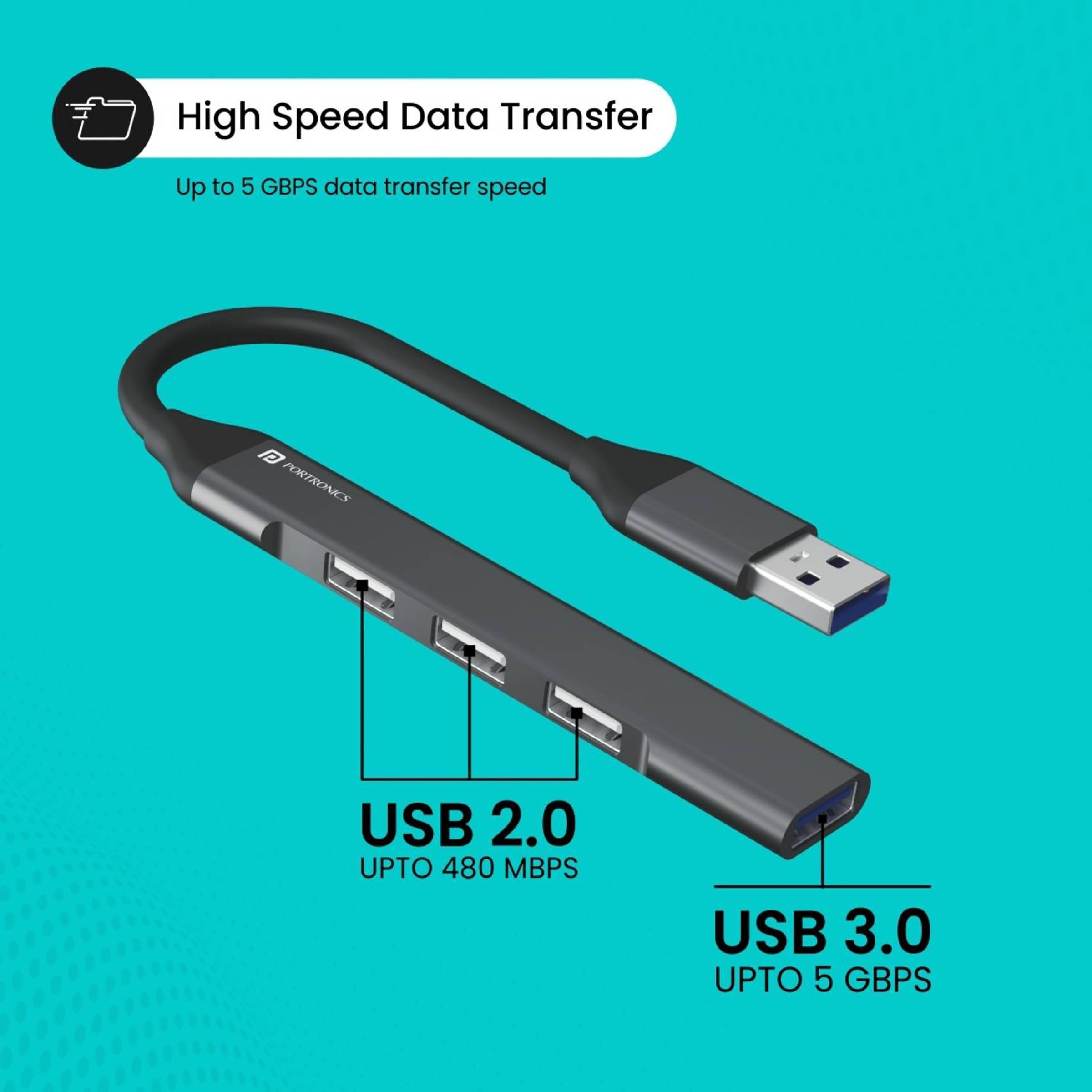 PORTRONICS Mport 31 4-in-1 USB Type A to USB 3.0 Type A, USB 2.0 Type A USB Hub (Up to 5 Gbps Data Transfer, Grey)_3