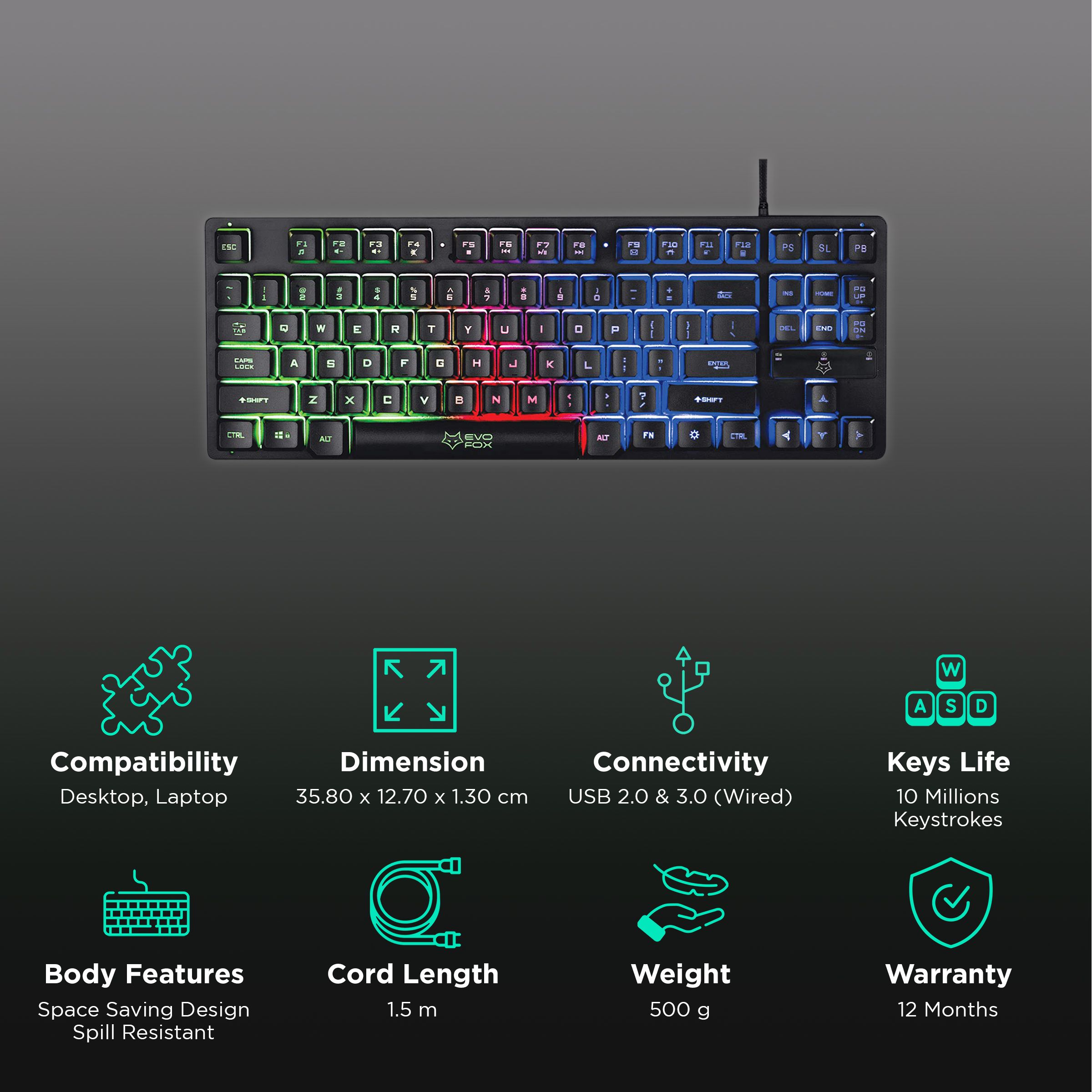 AMKETTE EvoFox Fireblade TKL Wired Gaming Keyboard with Backlit Keys (Spill Resistant, Black) AMKETTE EvoFox Fireblade TKL Wired Gaming Keyboard with Backlit Keys (Spill Resistant, Black)_2