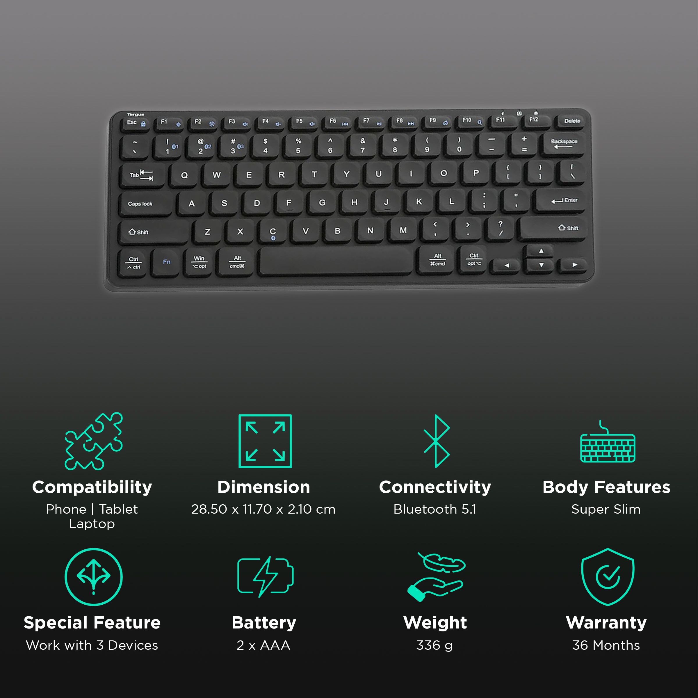 Targus Bluetooth 5.1 Wireless Performance Keyboard with Multi Device Connectivity (DefenseGuard Antimicrobial Protection, Black)_2