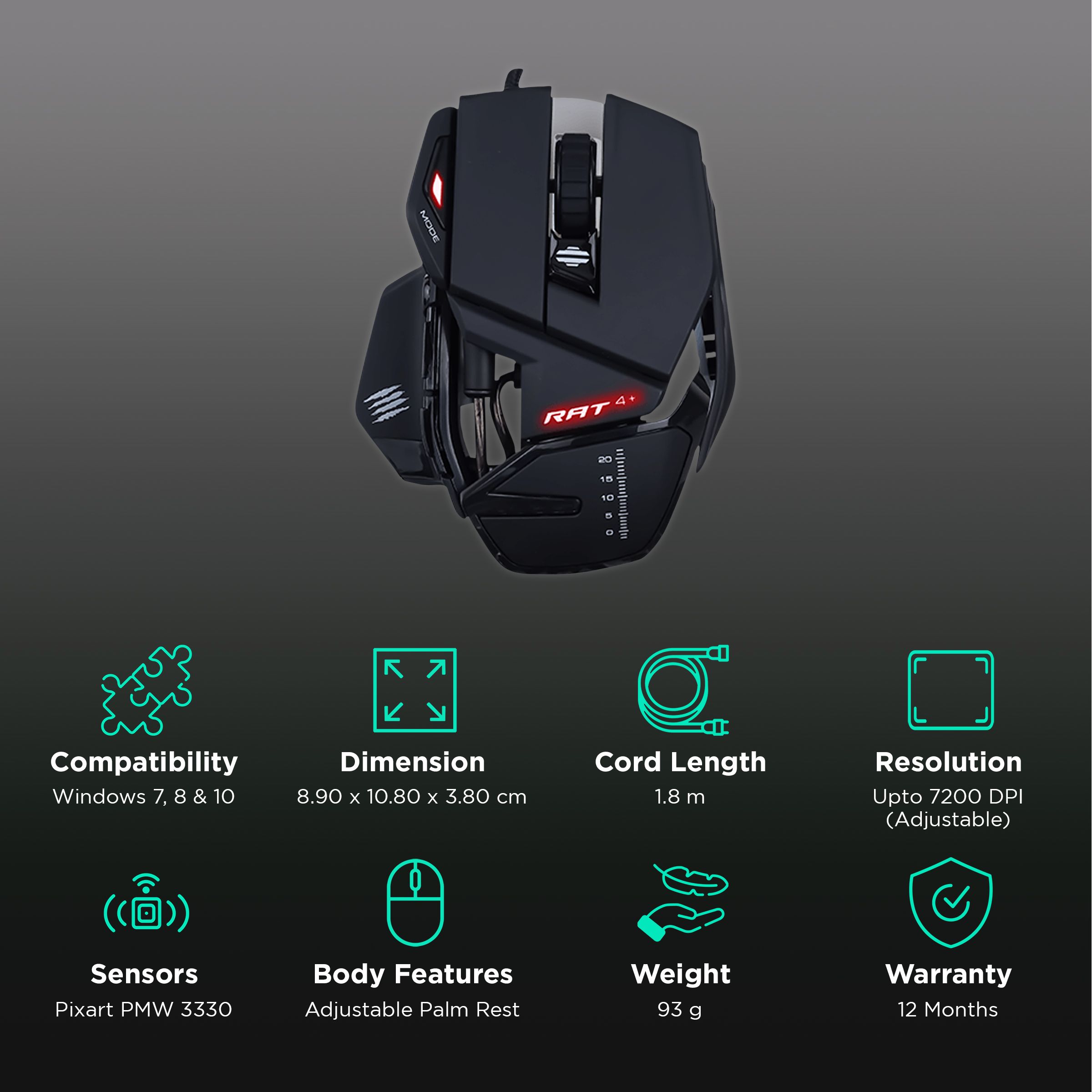 MAD CATZ R.A.T. 4+ Wired Optical Gaming Mouse (7200 DPI Adjustable, Adjustable Palm Rest, Black/White)_2
