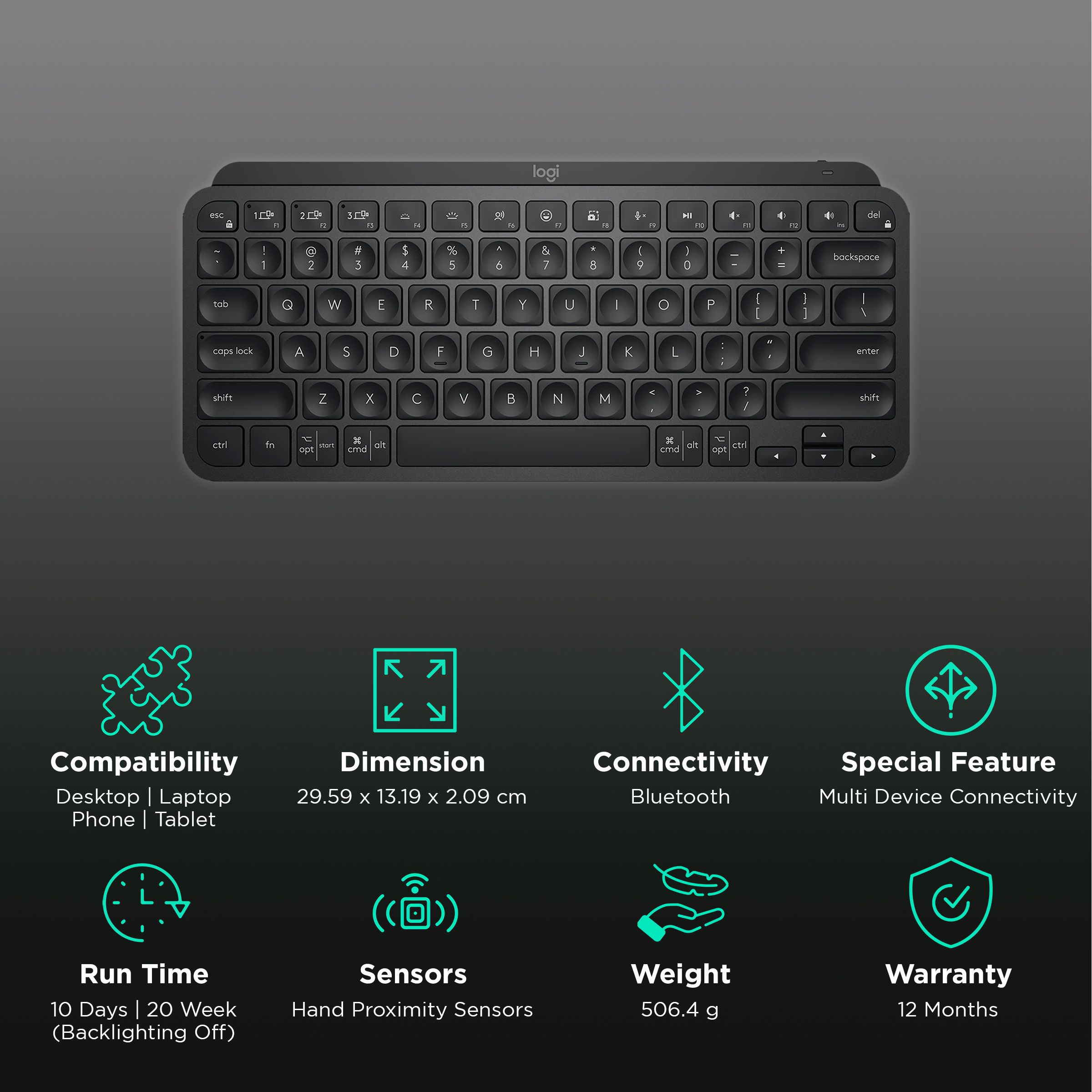 logitech MX Keys Mini Rechargeable Bluetooth Wireless Keyboard with Multi Device Connectivity (Hand Proximity Sensors, Graphite) logitech MX Keys Mini Rechargeable Bluetooth Wireless Keyboard with Multi Device Connectivity (Hand Proximity Sensors, Graphite)_2