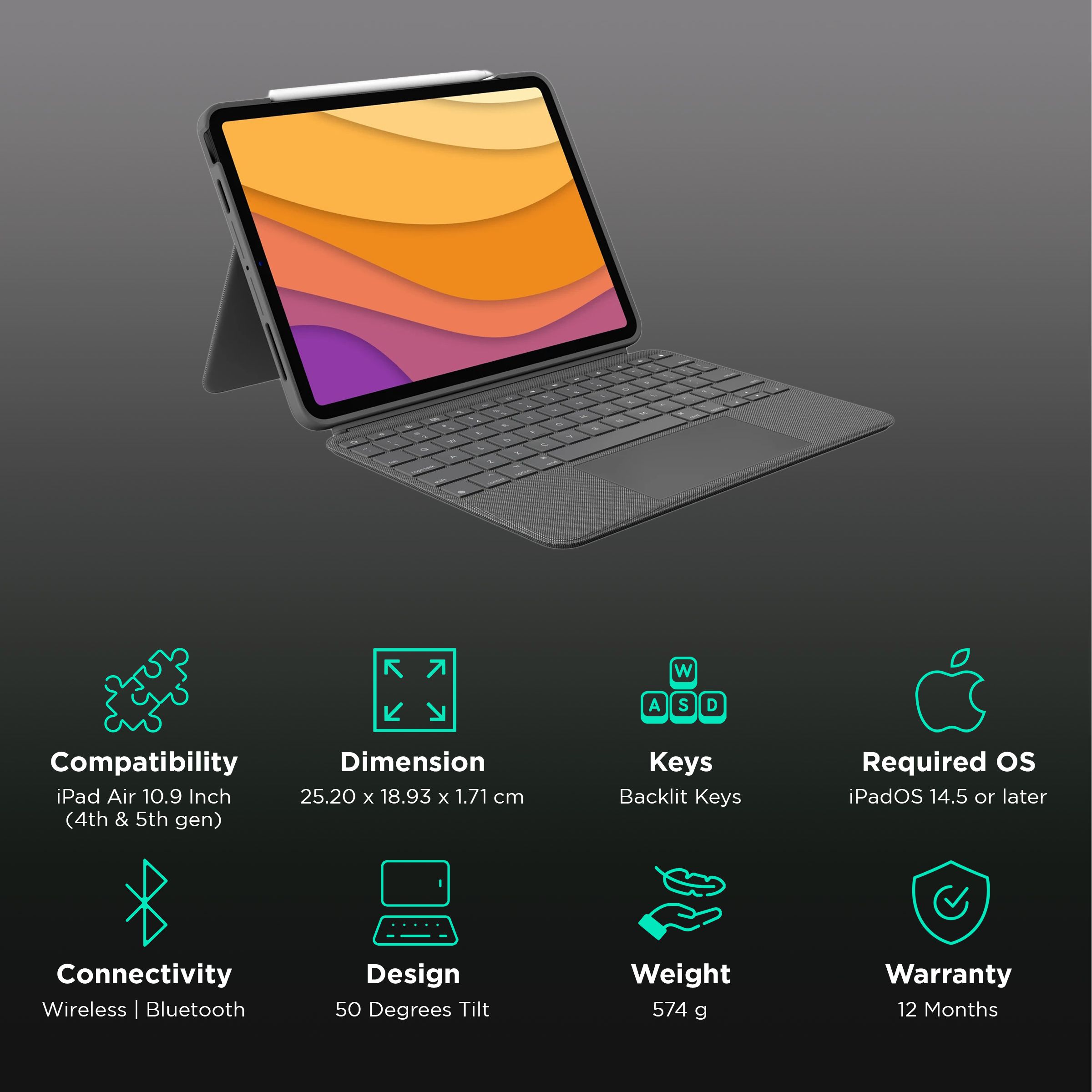 logitech Combo Touch Bluetooth Detachable Keyboard for Apple iPad Air 10.9 Inch (4th & 5th Gen) with Touchpad (Adjustable Kickstand, Oxford Grey) logitech Combo Touch Bluetooth Detachable Keyboard for Apple iPad Air 10.9 Inch (4th & 5th Gen) with Touchpad (Adjustable Kickstand, Oxford Grey)_3