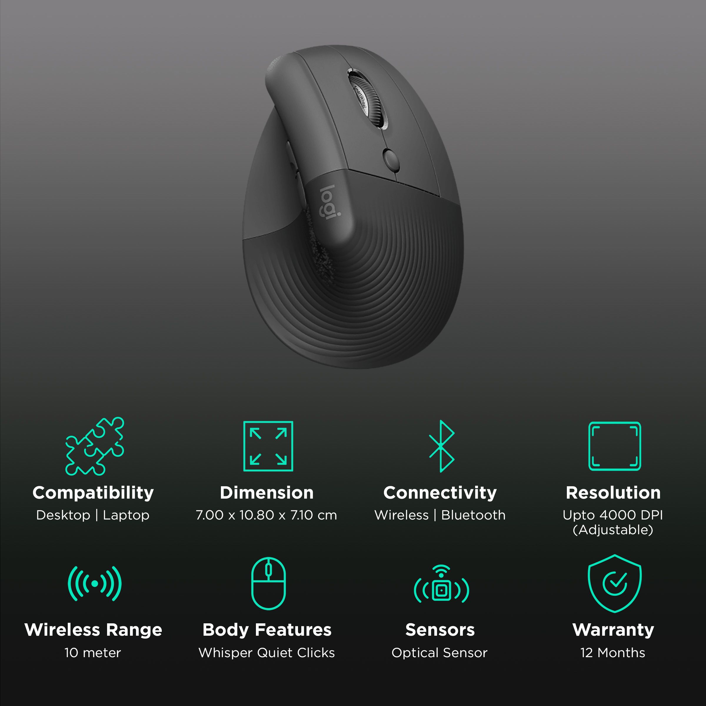 logitech Lift Wireless Optical Vertical Mouse with Thumb Rest (4000 DPI Adjustable, Whisper Quiet Clicks, Graphite) logitech Lift Wireless Optical Vertical Mouse with Thumb Rest (4000 DPI Adjustable, Whisper Quiet Clicks, Graphite)_2