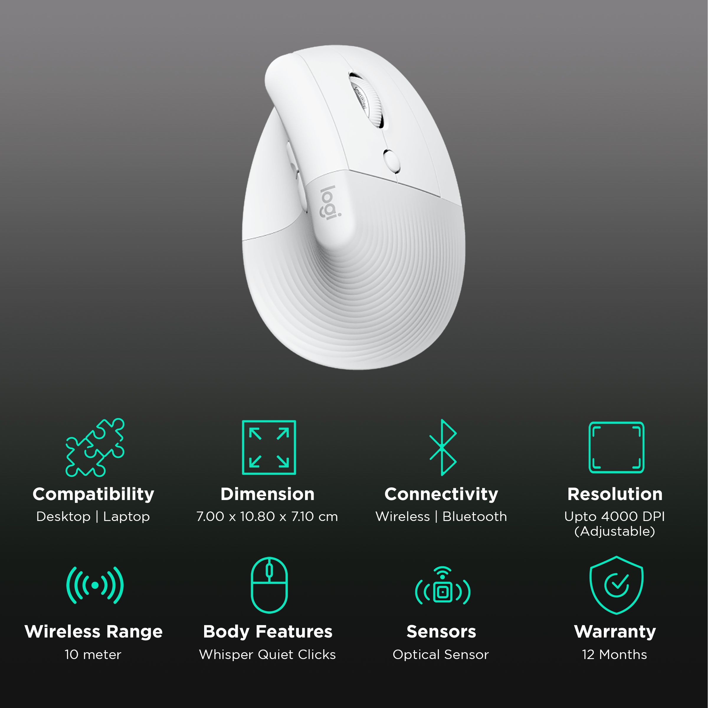 logitech Lift Wireless Optical Vertical Mouse with Thumb Rest (4000 DPI Adjustable, Whisper Quiet Clicks, Off White)_2
