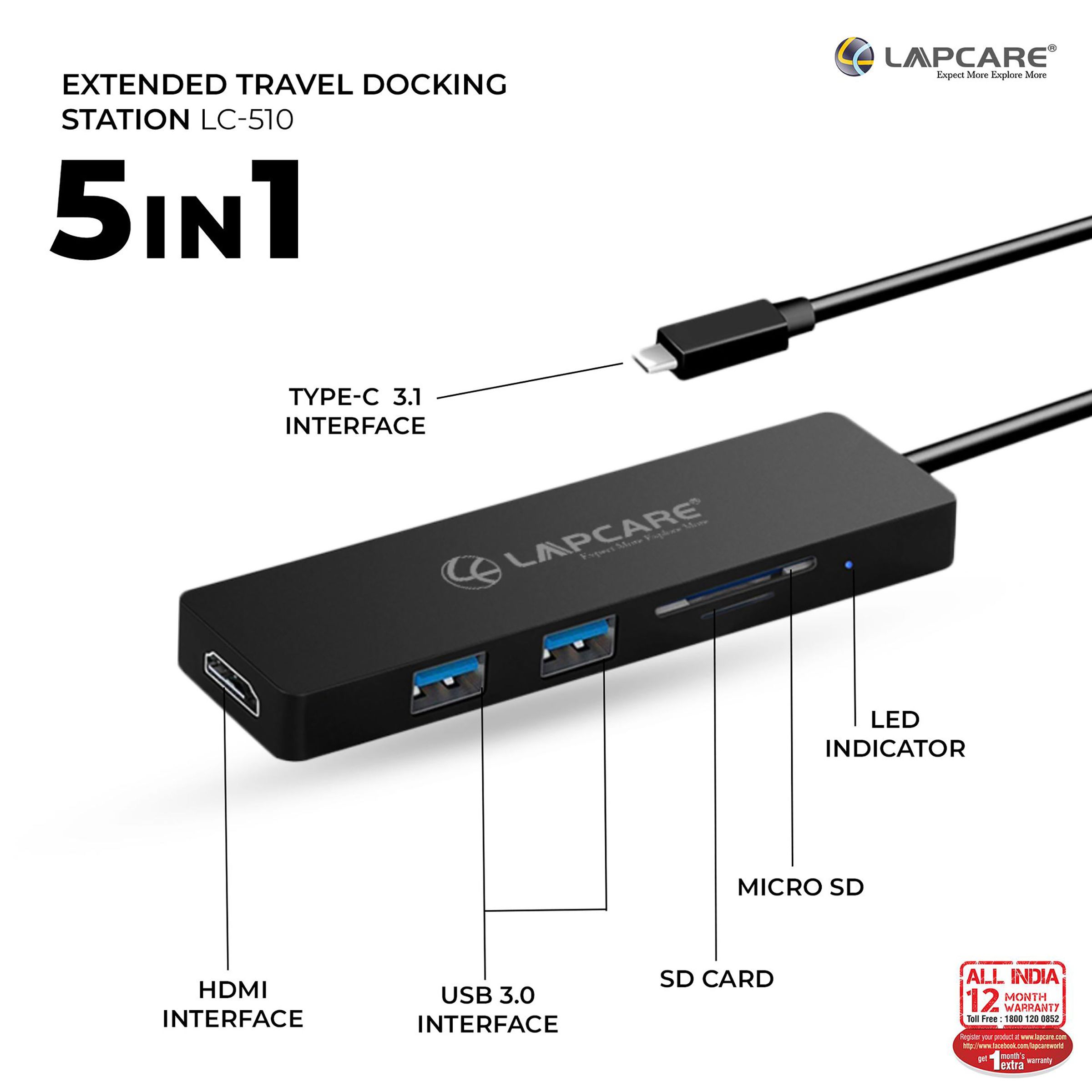 LAPCARE Lap-C 5-in-1 USB 3.1 Type C to USB 3.0 Type A, SD Card, HDMI, MicroSD Card Slot Docking Station (Multi-Media Connectivity, Black)_6