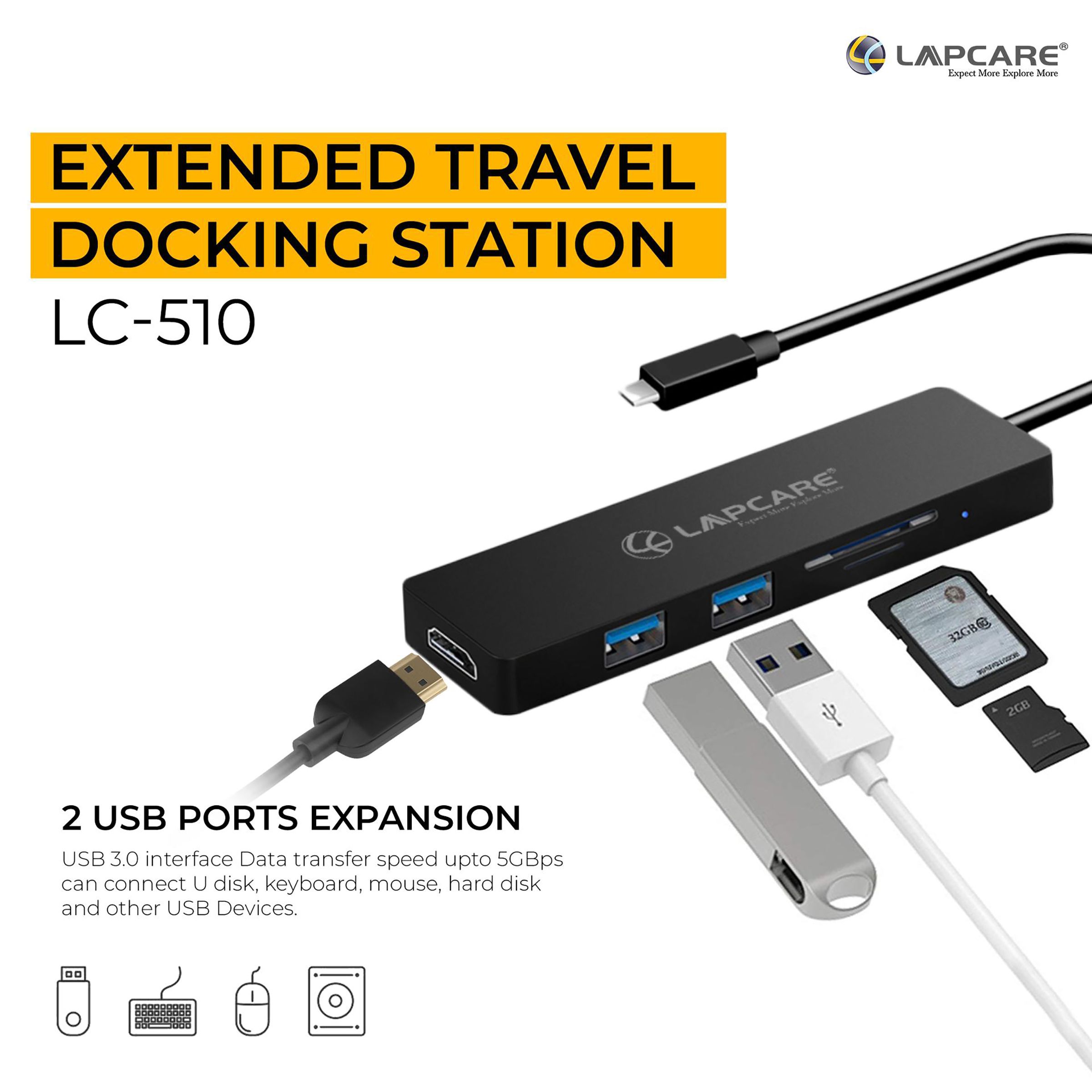 LAPCARE Lap-C 5-in-1 USB 3.1 Type C to USB 3.0 Type A, SD Card, HDMI, MicroSD Card Slot Docking Station (Multi-Media Connectivity, Black)_11