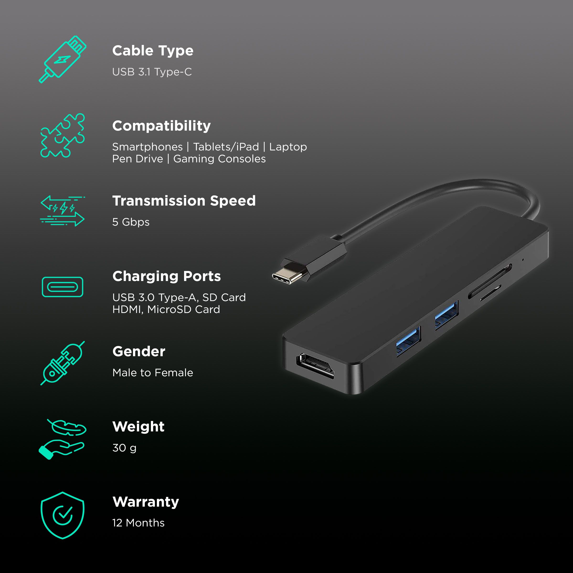 LAPCARE Lap-C 5-in-1 USB 3.1 Type C to USB 3.0 Type A, SD Card, HDMI, MicroSD Card Slot Docking Station (Multi-Media Connectivity, Black)_2