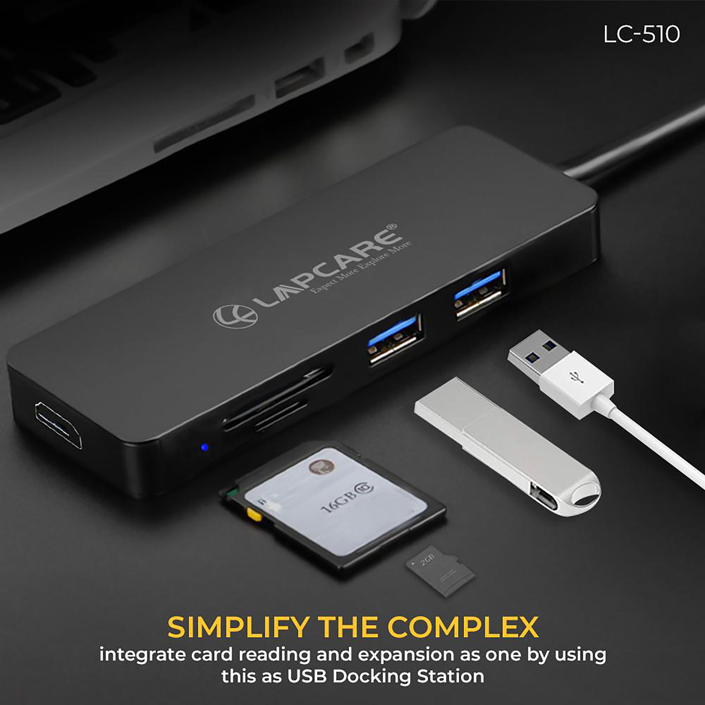 LAPCARE Lap-C 5-in-1 USB 3.1 Type C to USB 3.0 Type A, SD Card, HDMI, MicroSD Card Slot Docking Station (Multi-Media Connectivity, Black)_3