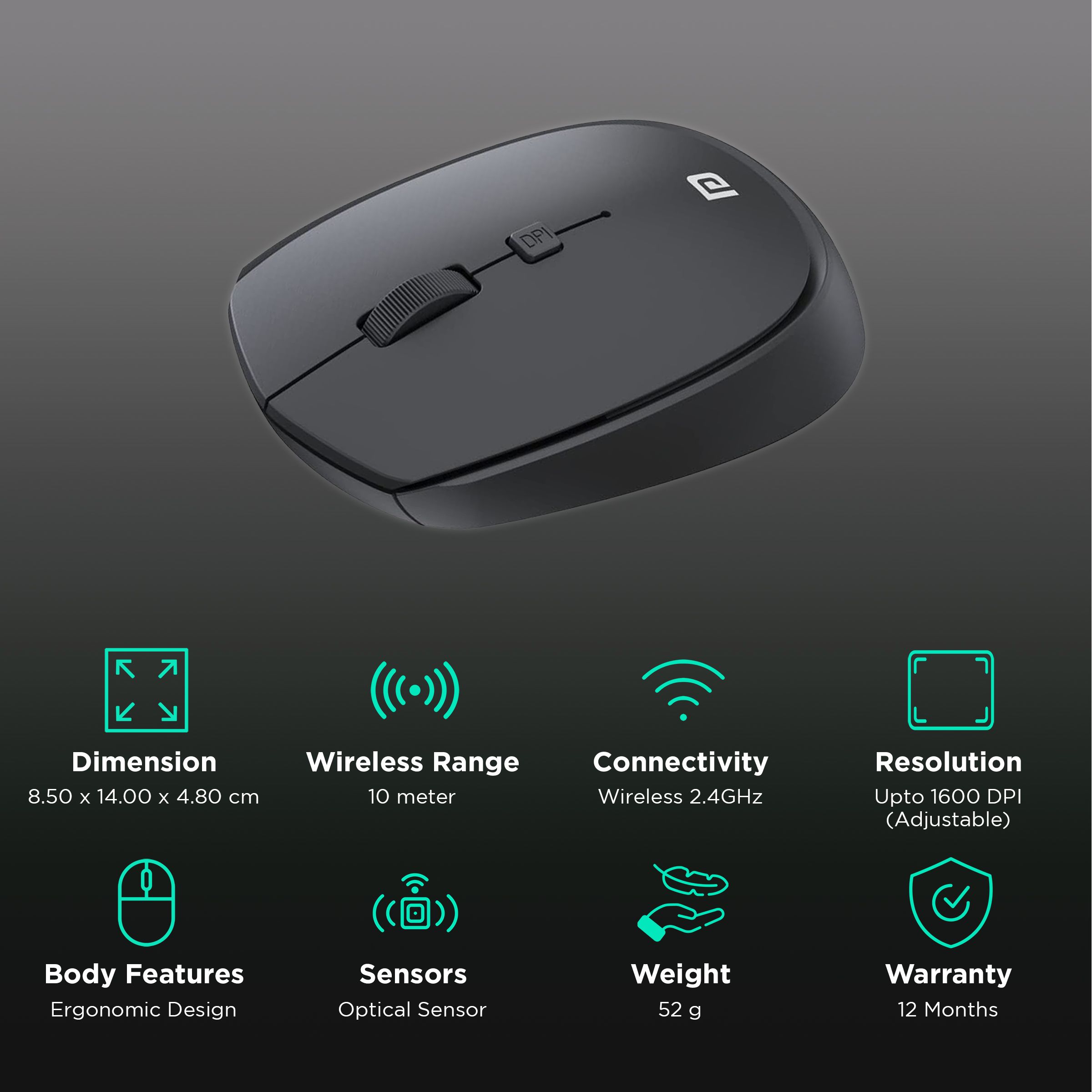 PORTRONICS Toad 23 Wireless Optical Mouse (1600 DPI Adjustable, Ergonomic Design, Black)_2