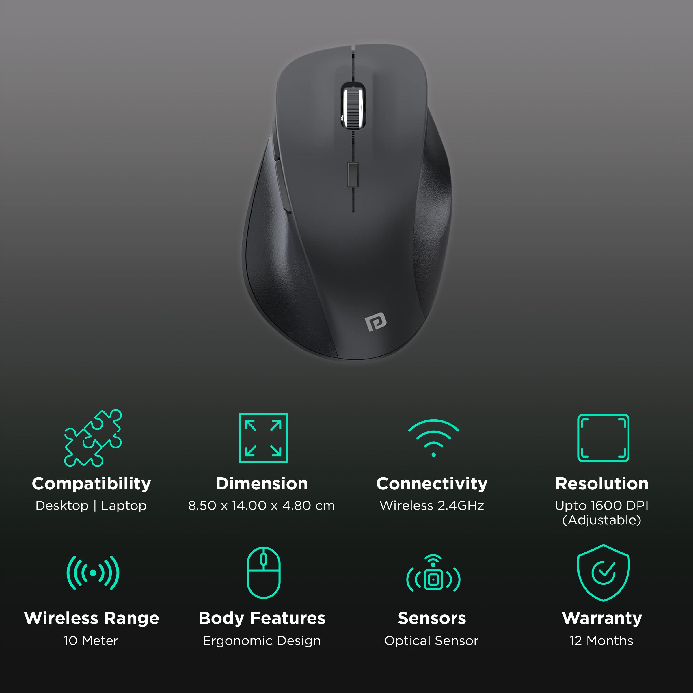 PORTRONICS Toad 24 Wireless Optical Mouse (1600 DPI Adjustable, Ergonomic Design, Black) PORTRONICS Toad 24 Wireless Optical Mouse (1600 DPI Adjustable, Ergonomic Design, Black)_2