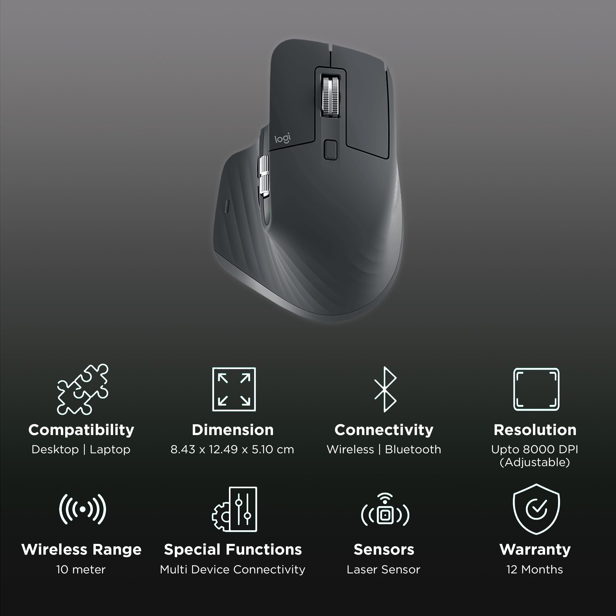 logitech MX Master 3S Rechargeable Bluetooth Wireless Laser Performance Mouse with Thumb Wheel (8000 DPI Adjustable, Multi Device Connectivity, Graphite) logitech MX Master 3S Rechargeable Bluetooth Wireless Laser Performance Mouse with Thumb Wheel (8000 DPI Adjustable, Multi Device Connectivity, Graphite)_2