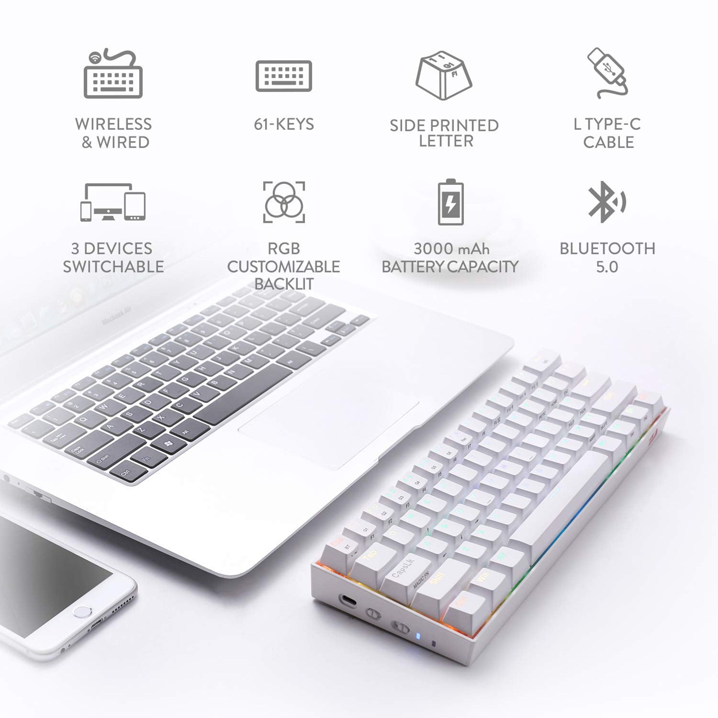 REDRAGON Draconic K530 Wireless Gaming Keyboard (RGB Backlight Brown Switch, White) REDRAGON Draconic K530 Wireless Gaming Keyboard (RGB Backlight Brown Switch, White)_2