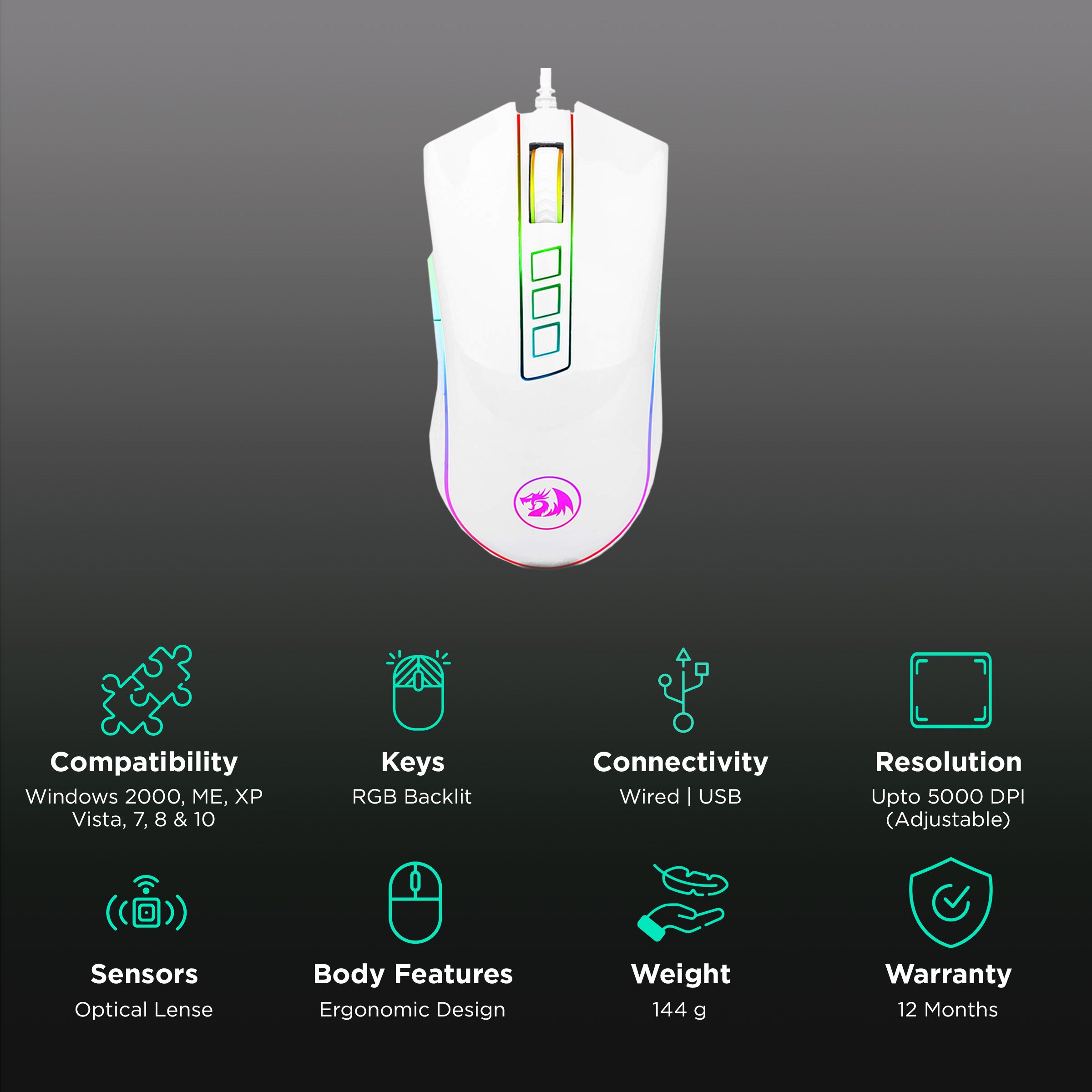 REDRAGON Cobra Wired Optical Gaming Mouse (5000 DPI Adjustable, Ergonomic Design, White) REDRAGON Cobra Wired Optical Gaming Mouse (5000 DPI Adjustable, Ergonomic Design, White)_2