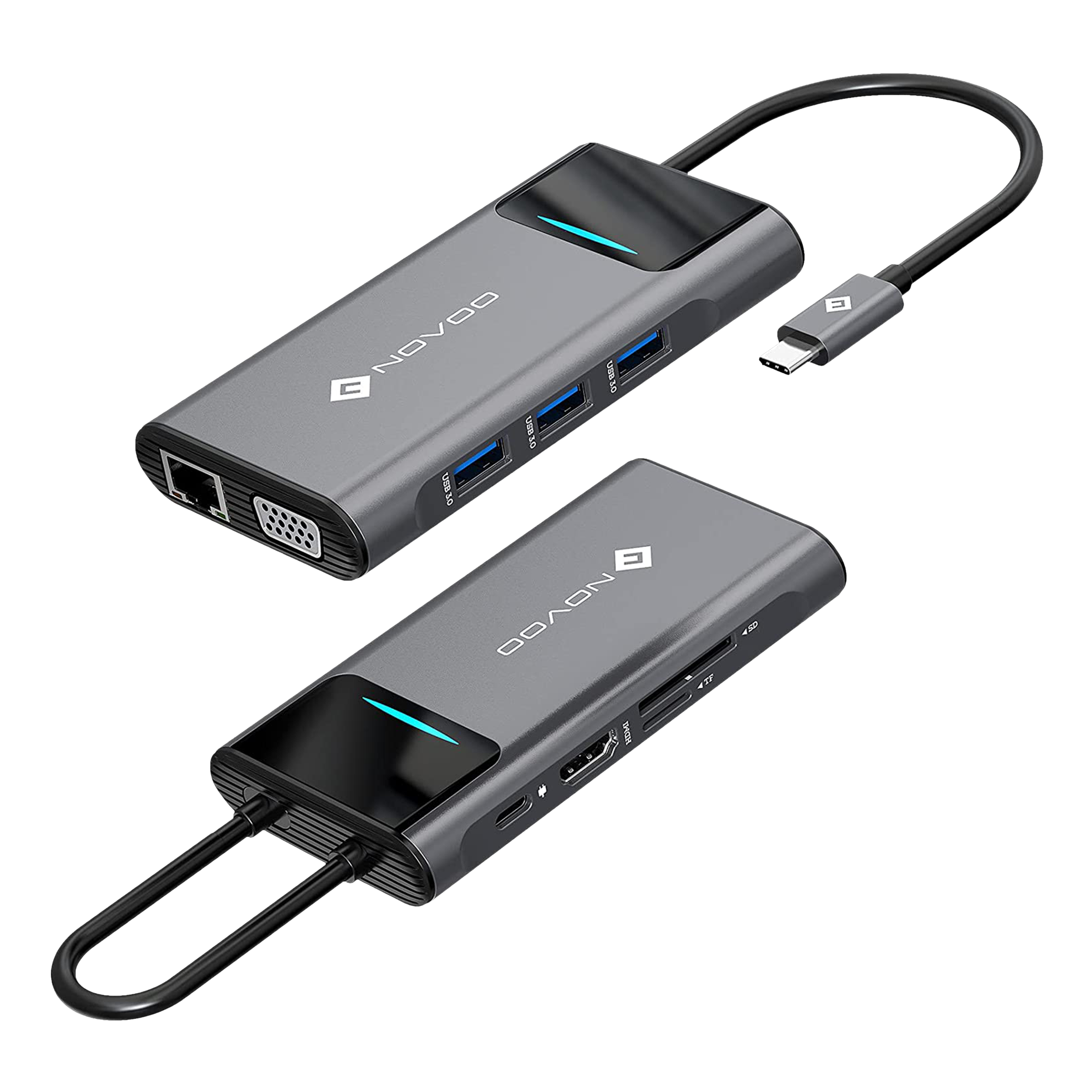 NOVOO Pro 9-in-1 USB 3.0 Type C to USB Type C, HDMI, SD Card Slot, TF Card, USB 3.0 Type A, VGA Port, LAN Port Multi-Port Hub (With LED Screen, Dark Grey)_1