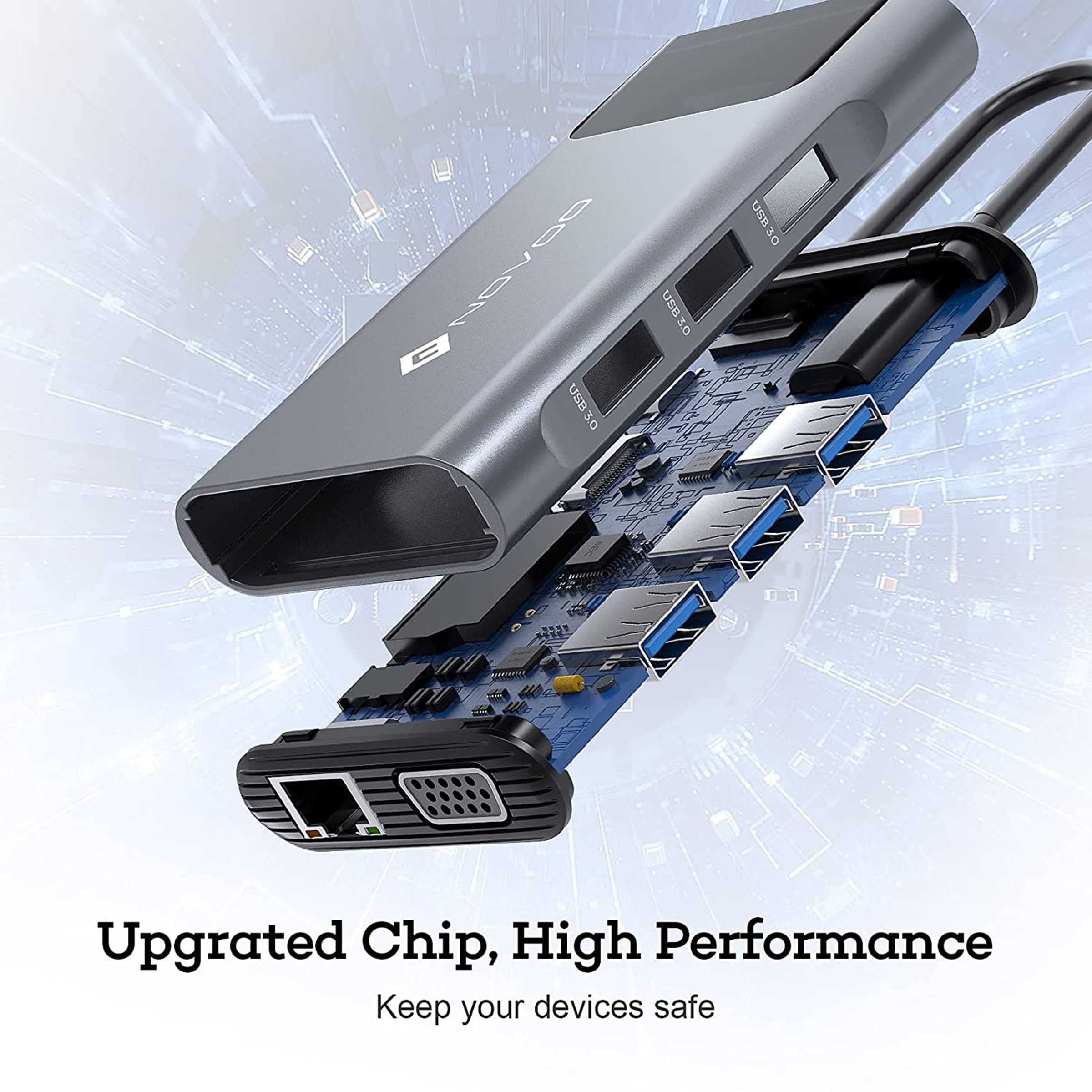 NOVOO Pro 9-in-1 USB 3.0 Type C to USB Type C, HDMI, SD Card Slot, TF Card, USB 3.0 Type A, VGA Port, LAN Port Multi-Port Hub (With LED Screen, Dark Grey)_7