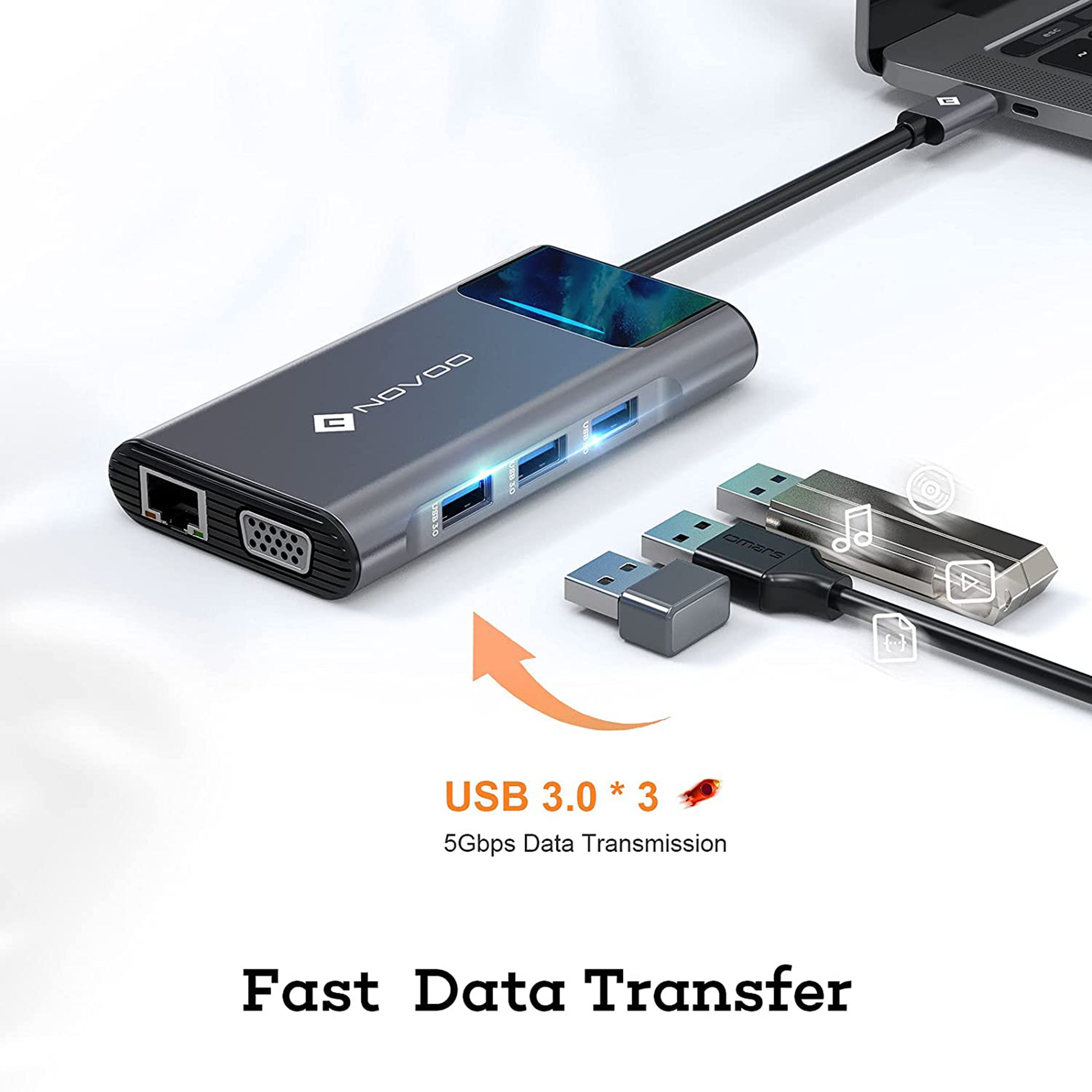 NOVOO Pro 9-in-1 USB 3.0 Type C to USB Type C, HDMI, SD Card Slot, TF Card, USB 3.0 Type A, VGA Port, LAN Port Multi-Port Hub (With LED Screen, Dark Grey)_9