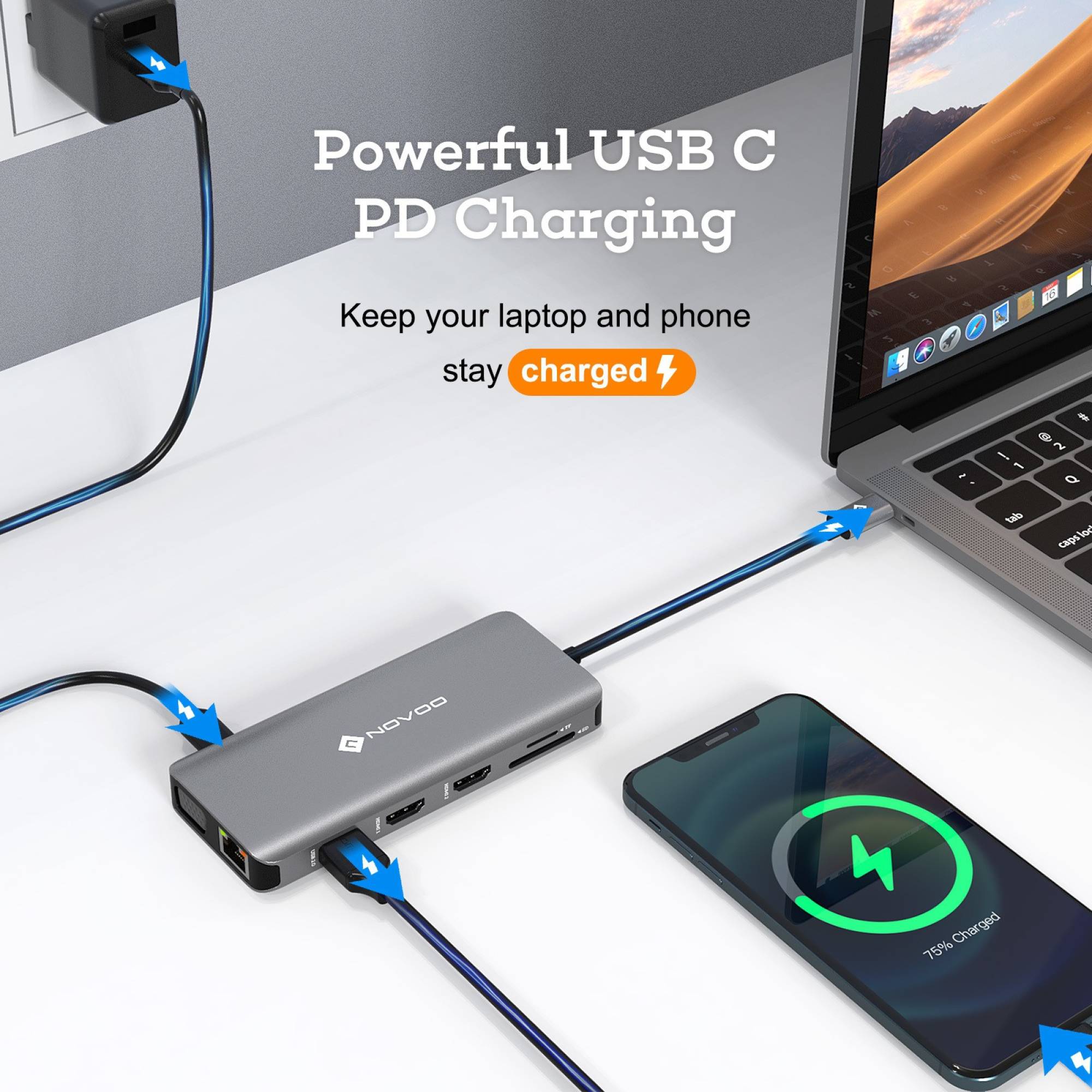 NOVOO 11-in-1 USB 3.0 Type C to USB 3.0 Type A, USB 2.0 Type A, USB Type C, VGA Port, LAN Port, HDMI, SD Card Slot, MicroSD Card Slot USB Hub (Multiple Display Modes, Grey)_5