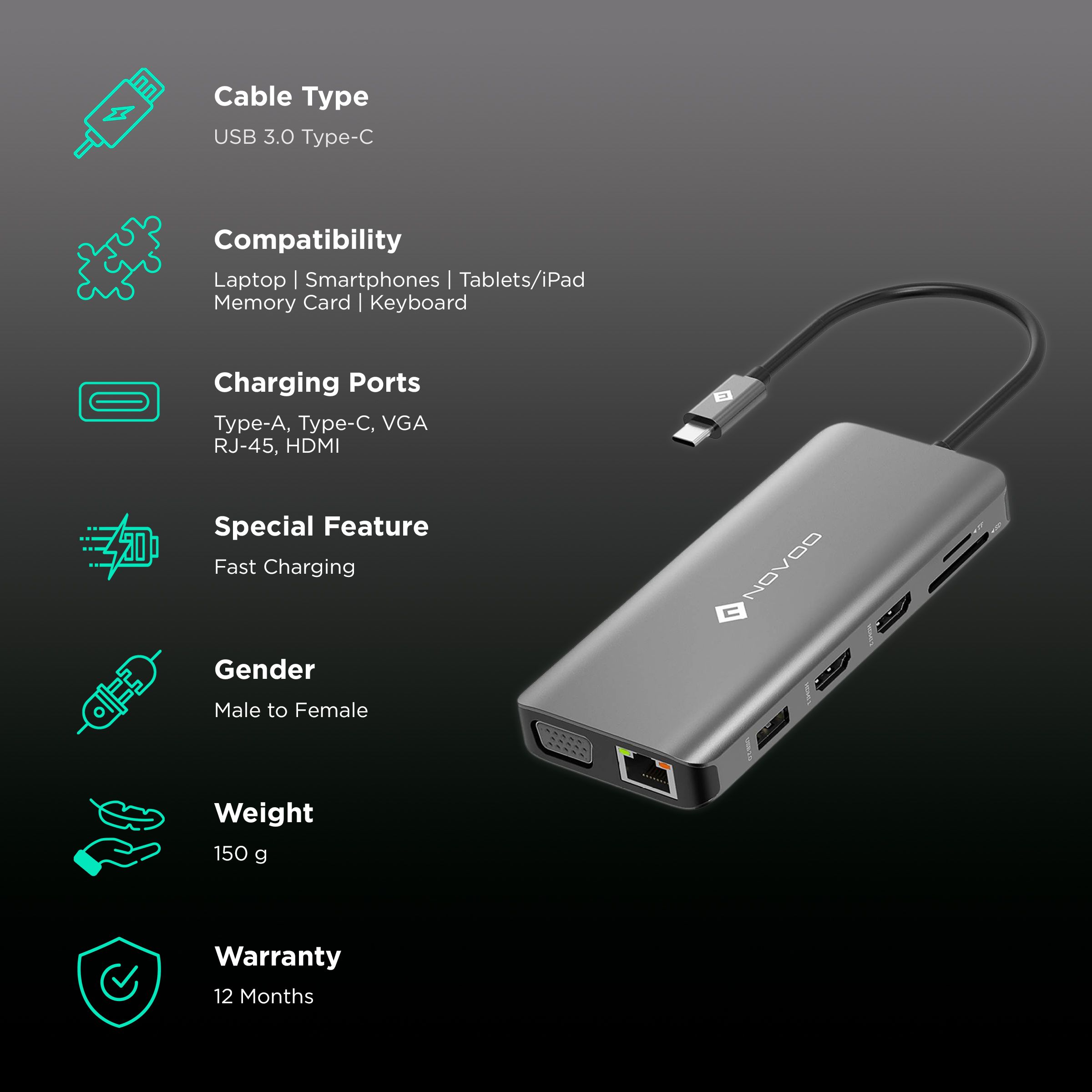NOVOO 11-in-1 USB 3.0 Type C to USB 3.0 Type A, USB 2.0 Type A, USB Type C, VGA Port, LAN Port, HDMI, SD Card Slot, MicroSD Card Slot USB Hub (Multiple Display Modes, Grey)_2