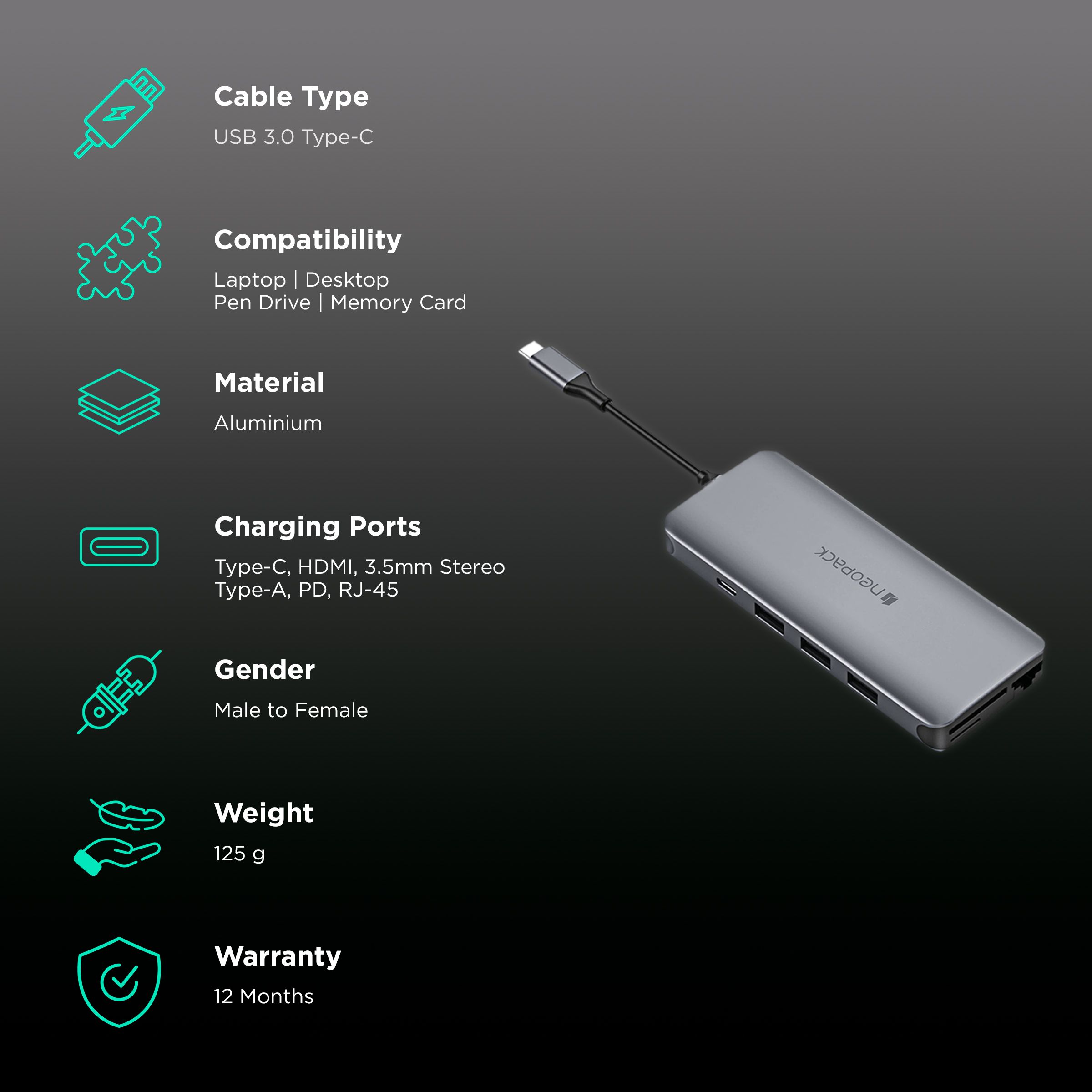 neopack 12-in-1 USB 3.0 Type C to USB 3.0 Type C, HDMI Type A, LAN Port, SD Card Slot, TF Card, 3.5mm Stereo, USB 3.0 Type A, USB 2.0 Type A Docking Station (Pass-Through Charging, Space Grey)_2