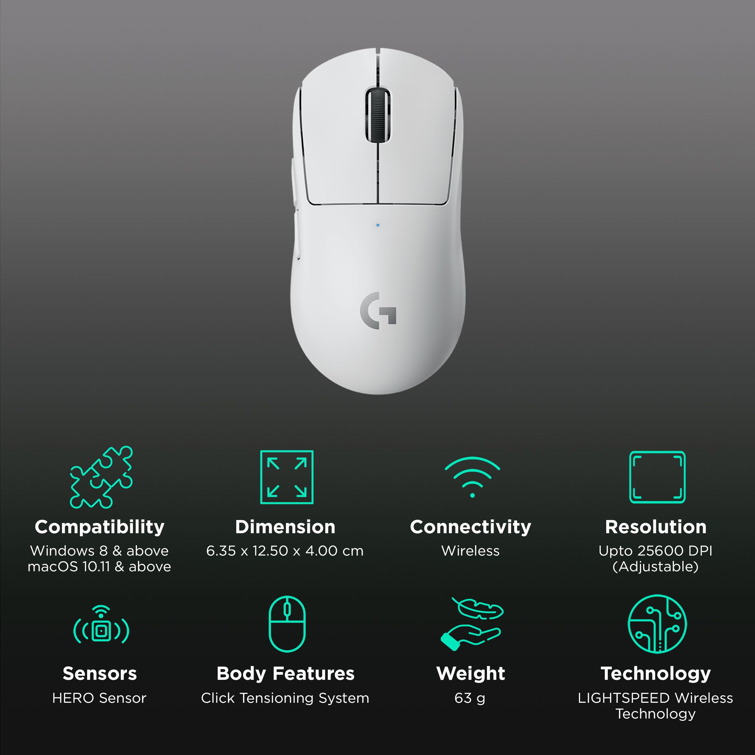 logitech PRO X Rechargeable Wireless Optical Gaming Mouse (25600 DPI Adjustable, Click Tensioning System, White)_2