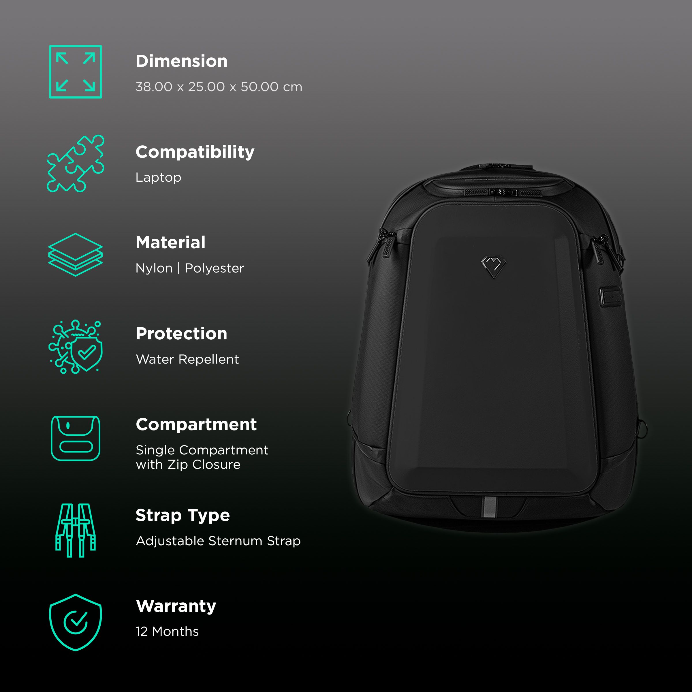 Carbonado GT3 Nylon, Polyester Laptop Backpack for 15 Inch Laptop (28 L, Water Repellent, Midnight Black)_2