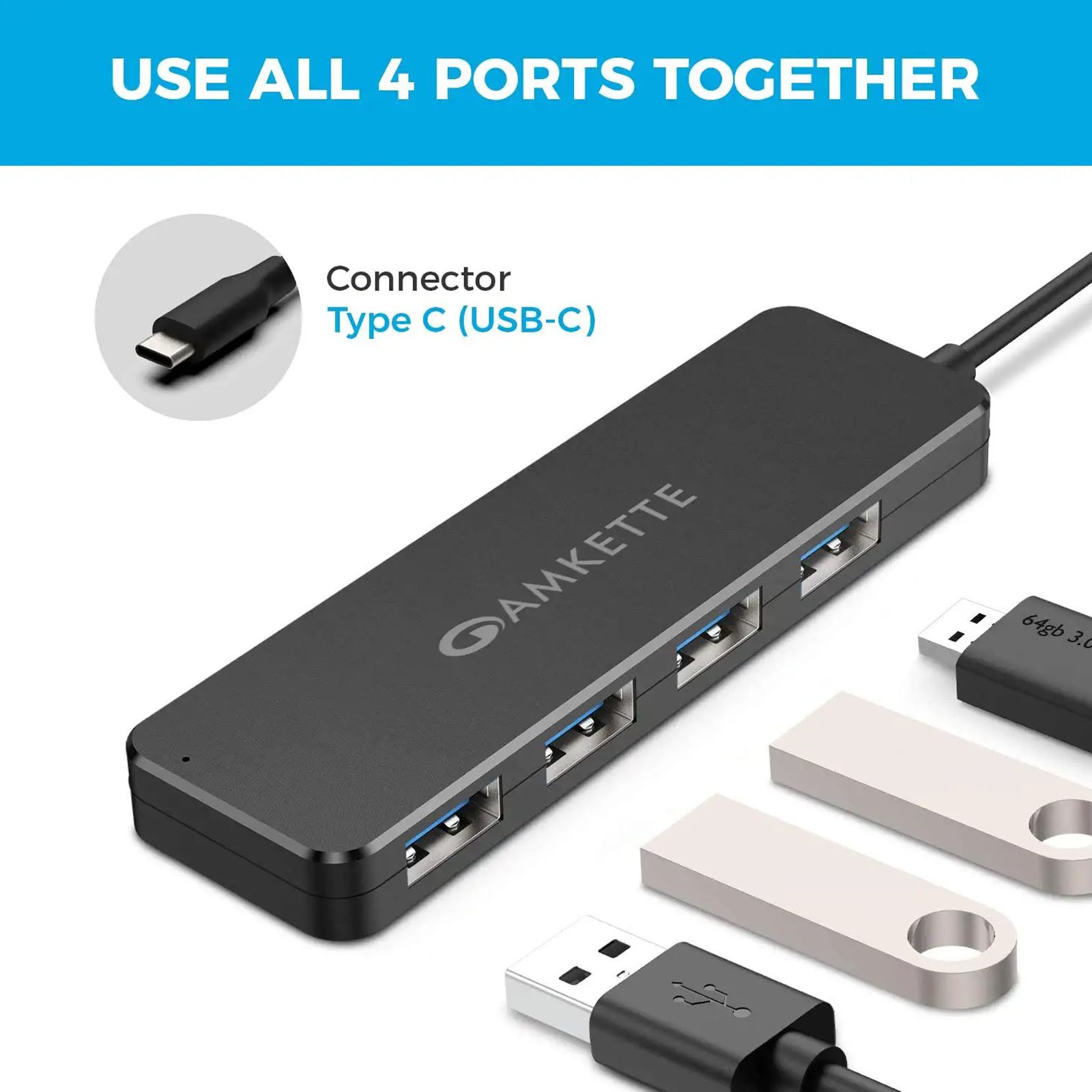 AMKETTE 4-in-1 USB 3.1 Type C to USB 3.0 Type A USB Hub (Up to 5 Gbps Data Transfer, Black)_5