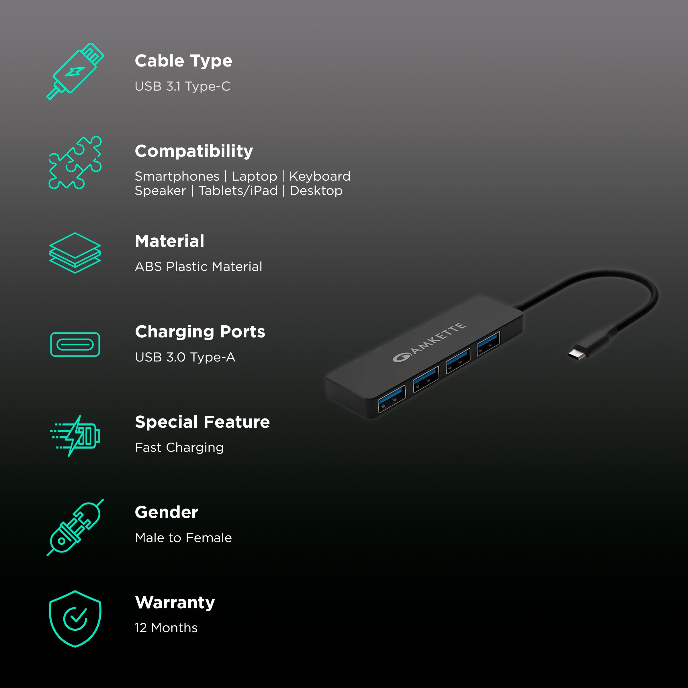 AMKETTE 4-in-1 USB 3.1 Type C to USB 3.0 Type A USB Hub (Up to 5 Gbps Data Transfer, Black)_2